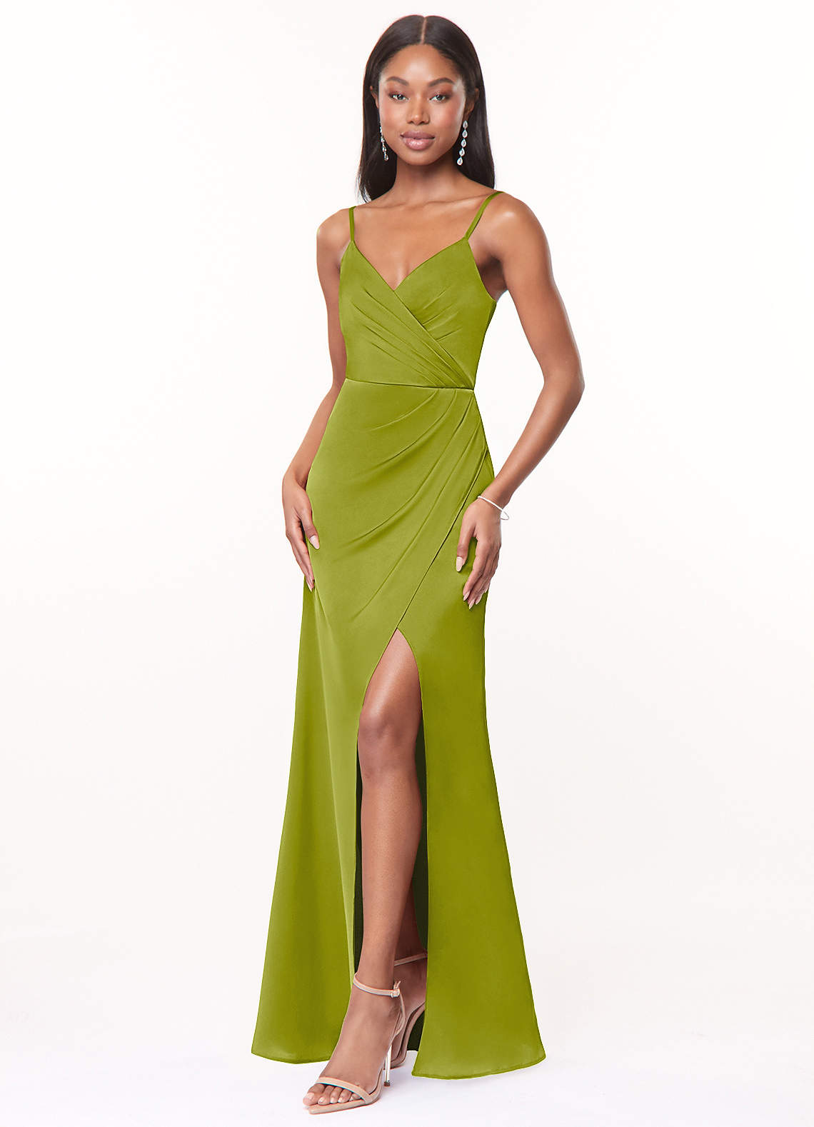 Maci A-Line V-Neck Stretch Satin Bridesmaid Dress in Lemongrass