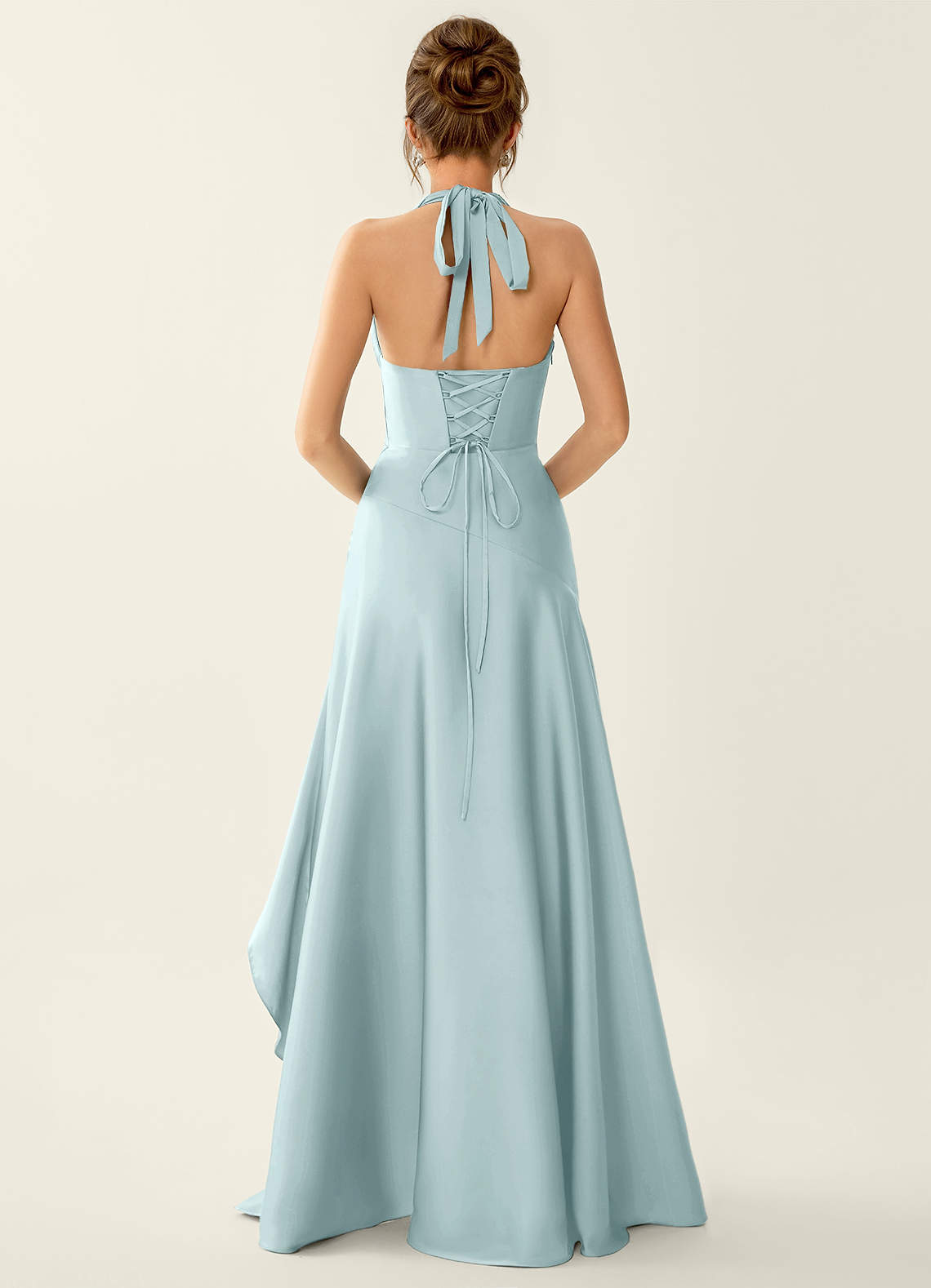 Titania Halter Asymmetric-Ruffle Satin Evening Dress in Mist
