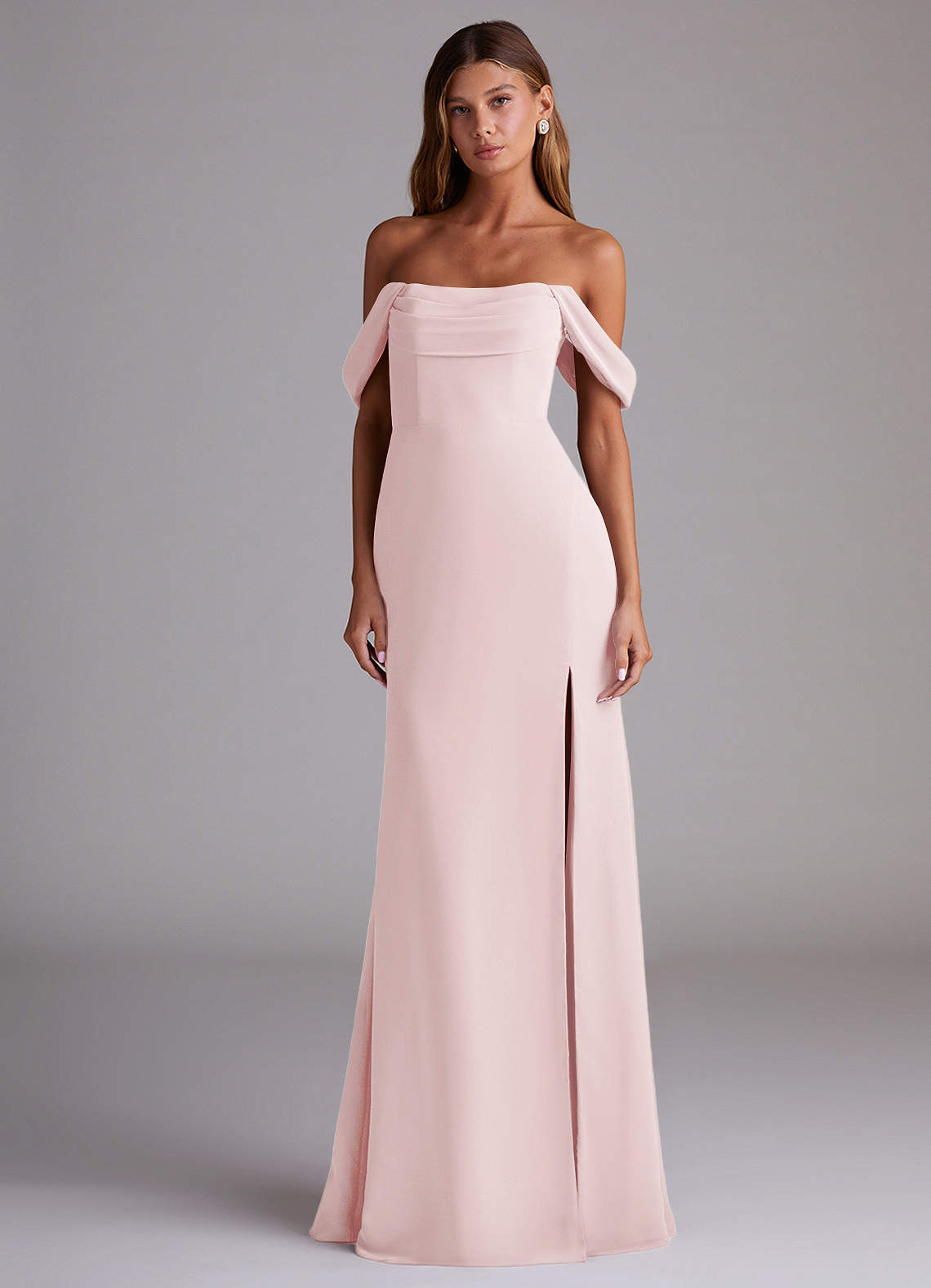 Saige A-Line Off-the-Shoulder Chiffon Bridesmaid Dress in Blushing Pink