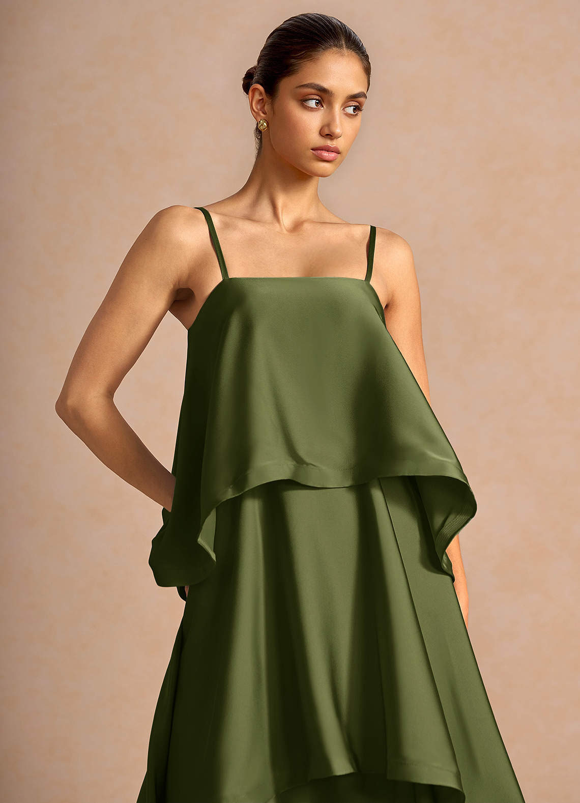 Itasca A-Line Tiered Stretch Satin Wedding Guest Dress in Olive