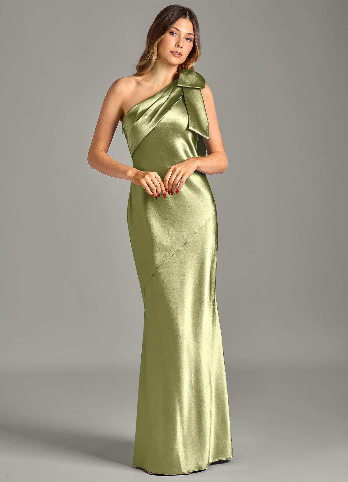Yuanna Mermaid One-Shoulder Metallic Satin Bridesmaid Dress in Pistachio