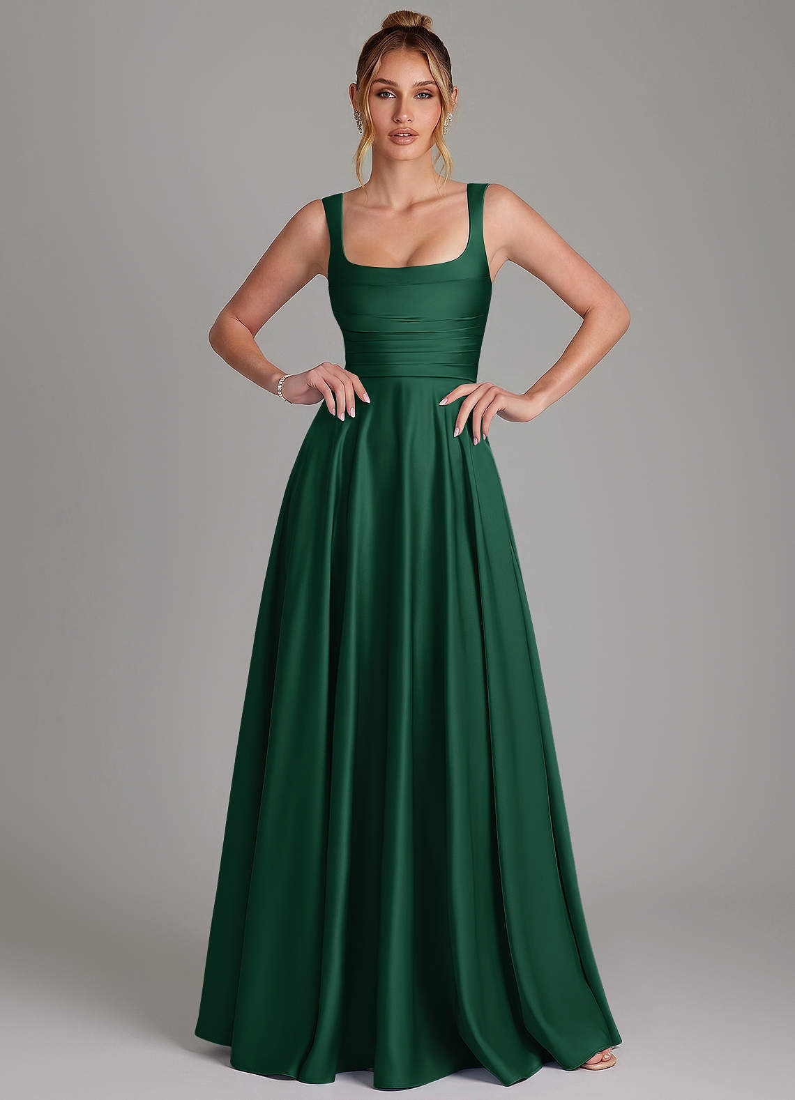 Azaria A-Line Square-Neck Stretch Satin Bridesmaid Dress in Dark Green