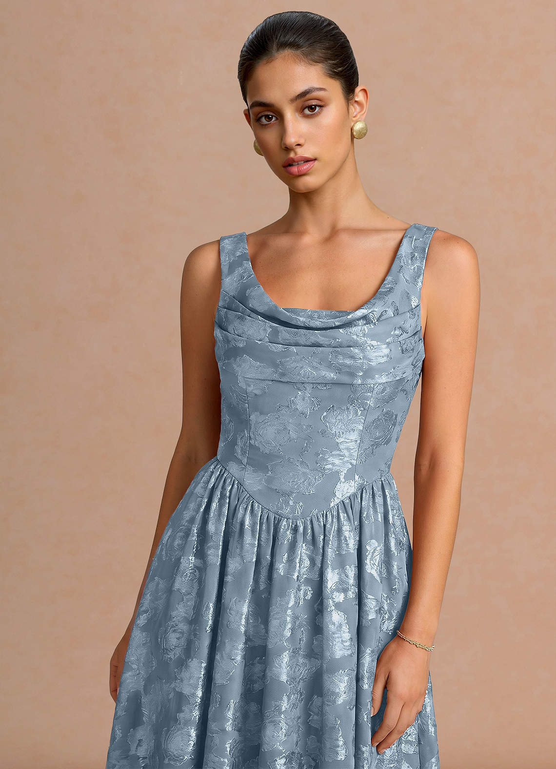 Novi A-Line Draped-Neck Floral Fil Coupé Evening Dress in Dusty Blue