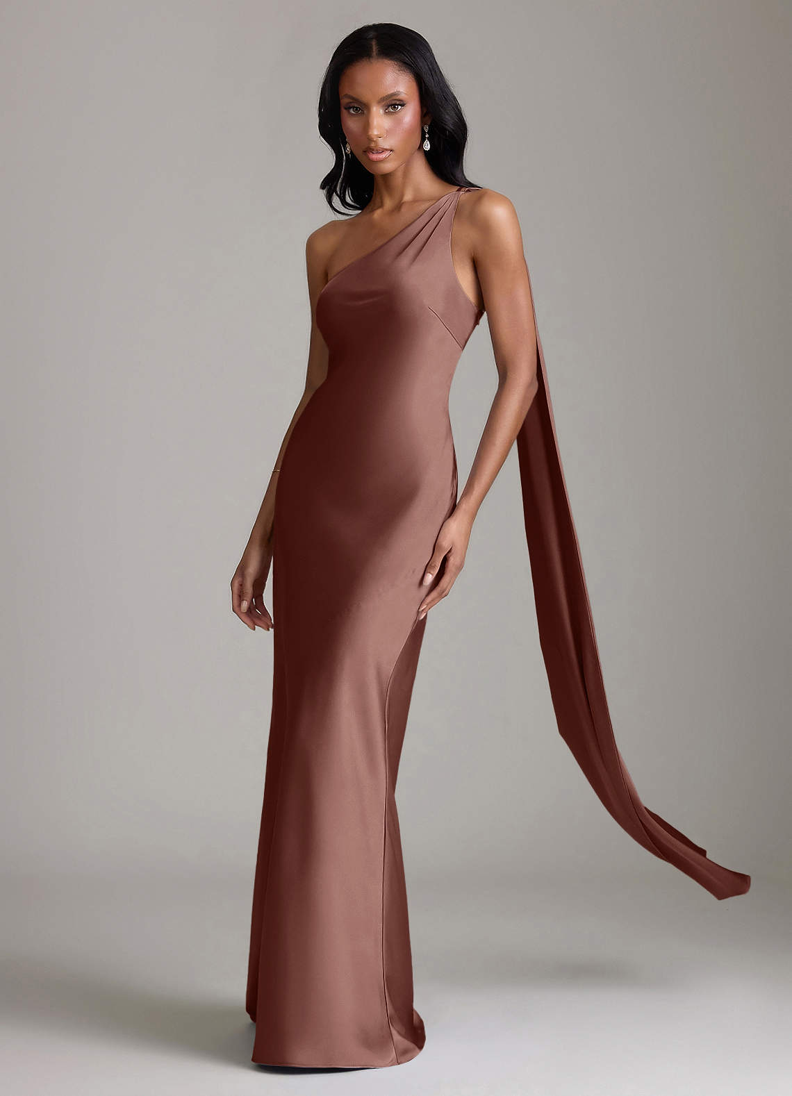 Juniper Mermaid One-Shoulder Stretch Satin Bridesmaid Dress in Espresso