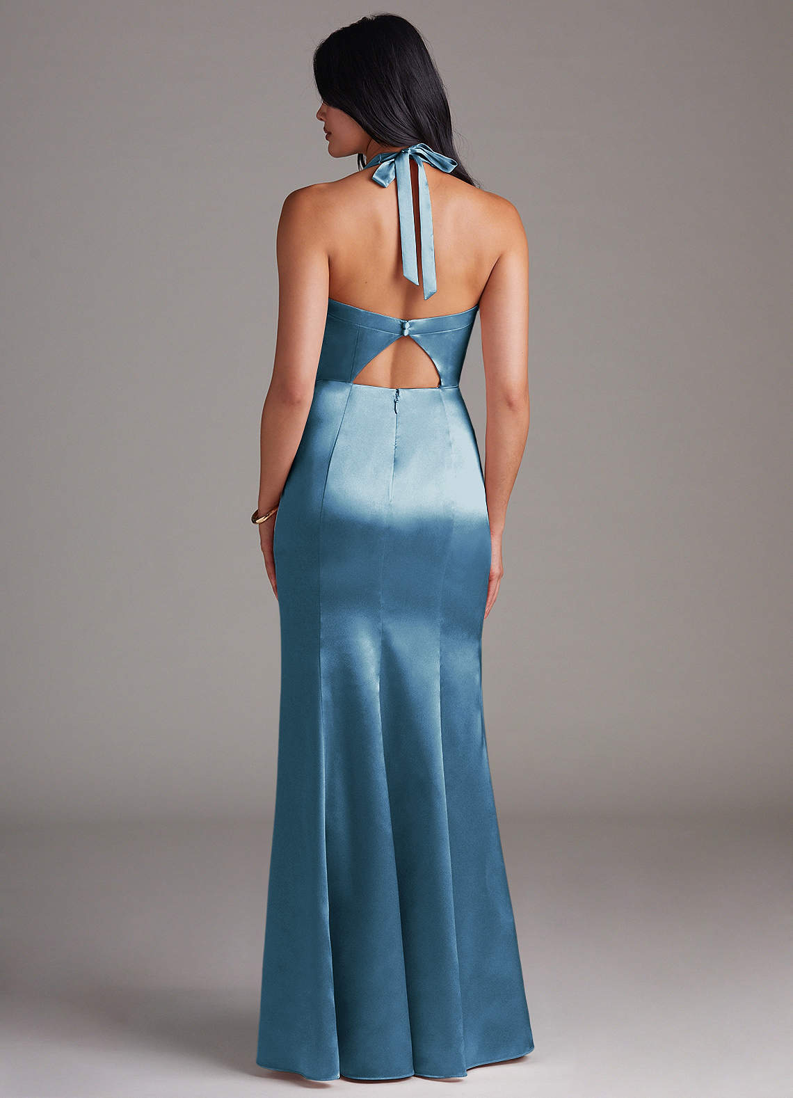 Emeria Sheath Halter Metallic Satin Bridesmaid Dress in Steel Blue