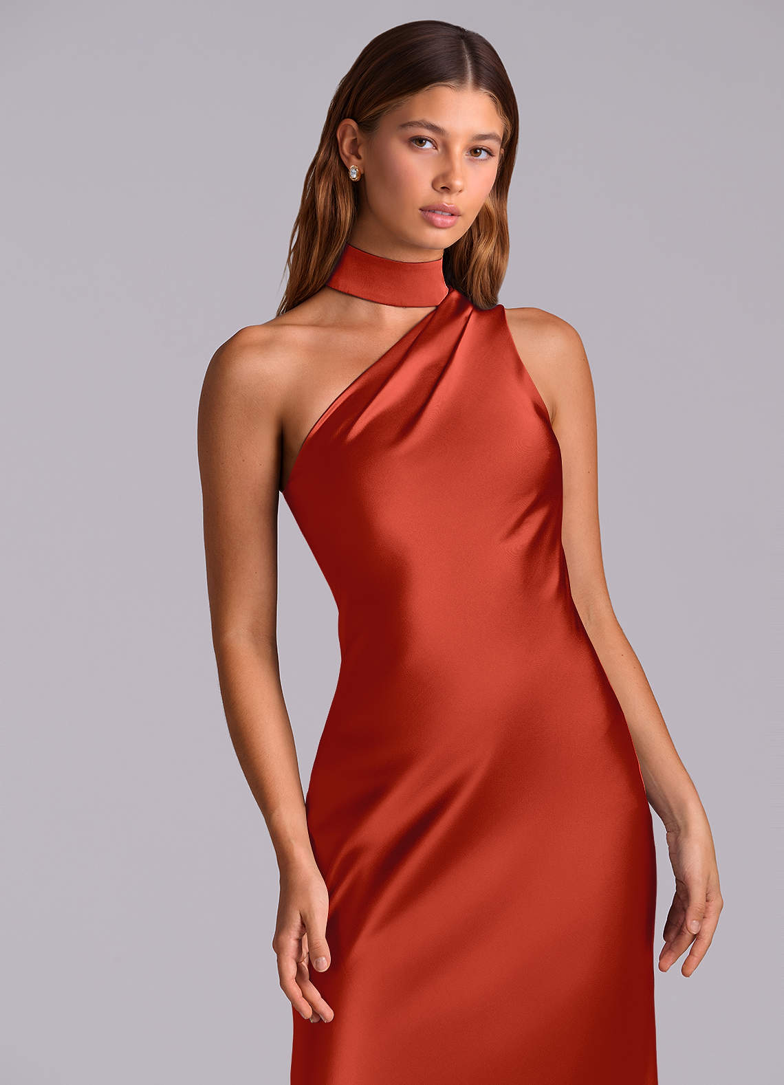 Seona Mermaid One-Shoulder Stretch Satin and Tulle Bridesmaid Dress in Rust