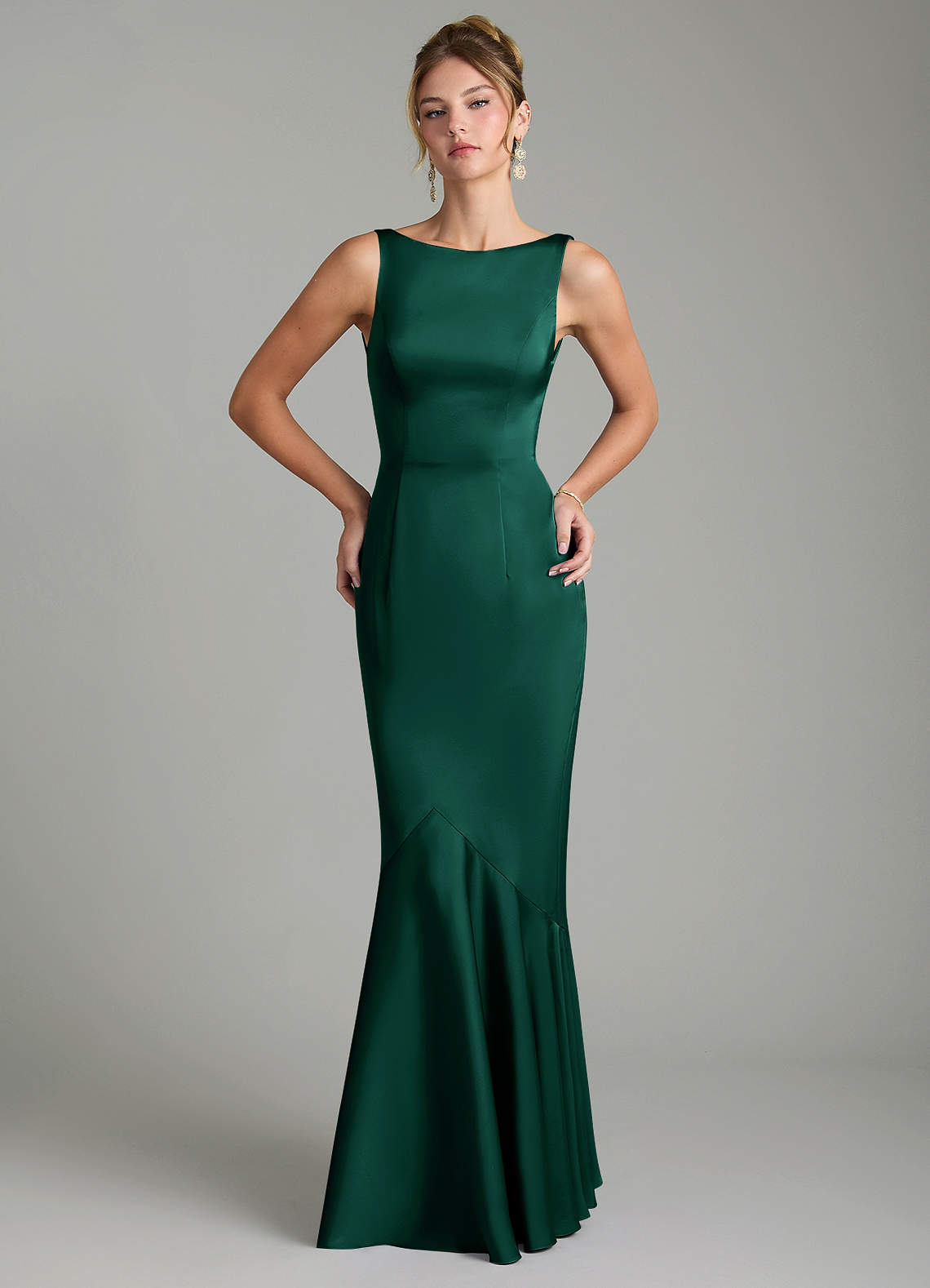 Tamera Mermaid Boat-Neck Stretch Satin and Chiffon Bridesmaid Dress in Emerald