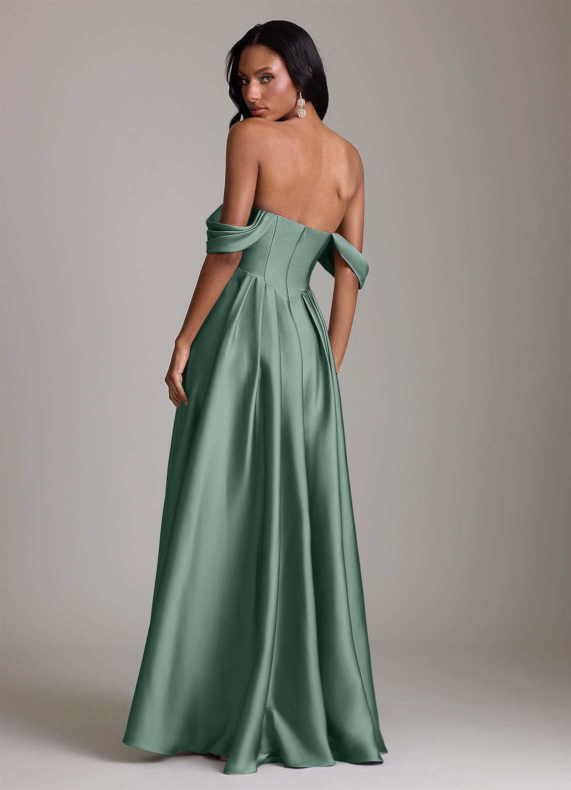 Loisa A-Line Off-the-Shoulder Stretch Satin Bridesmaid Dress in Eucalyptus