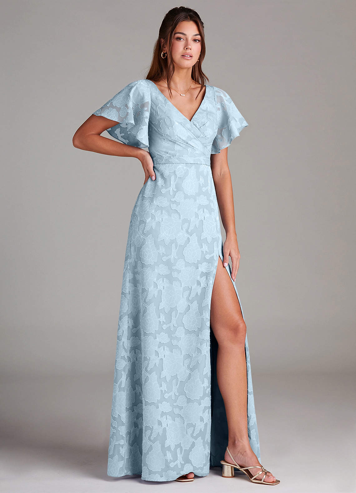 Ambrosia A-Line V-Neck Floral Burnout Bridesmaid Dress in Sky Blue