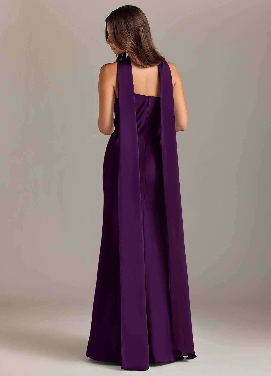 Kinsley Mermaid Halter Stretch Satin Bridesmaid Dress in Grape