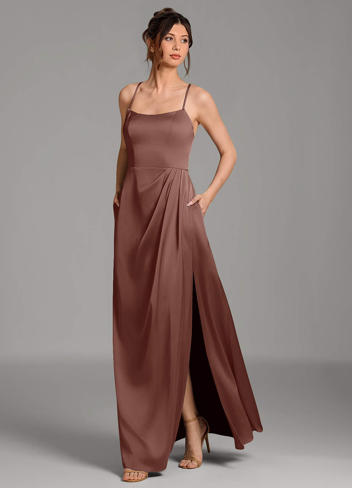 Frankie A-Line Scoop-Neck Stretch Satin Bridesmaid Dress in Espresso