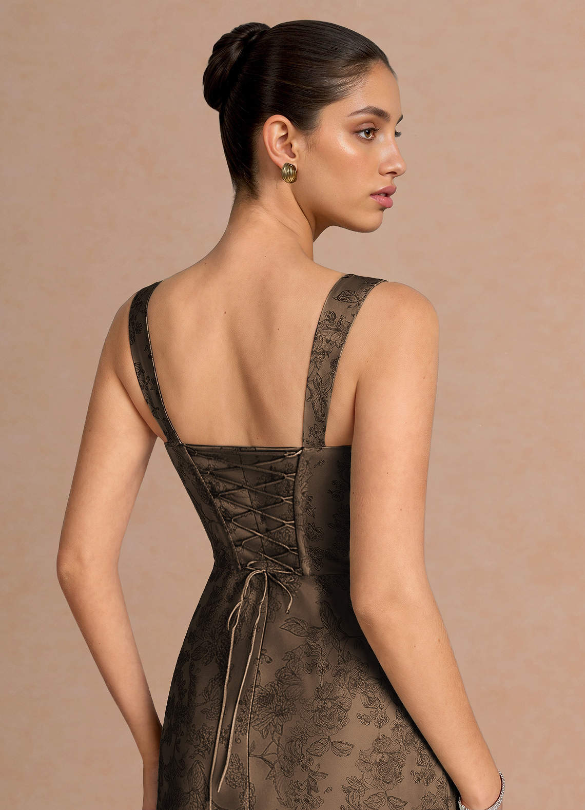 Agustina Square-Neck Pleated Jacquard Evening Dress in Coffee Brown