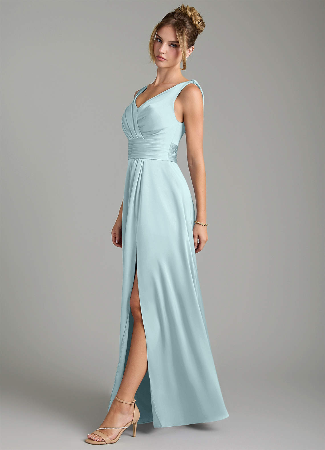 Karina A-Line V-Neck Stretch Satin Bridesmaid Dress in Sea Glass