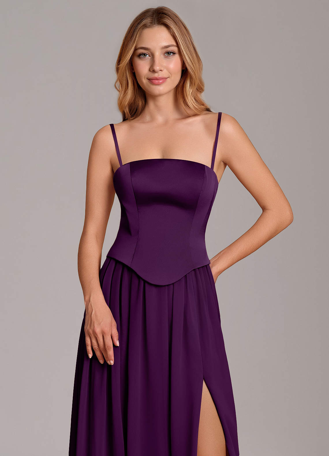Cadence A-Line Strapless Chiffon and Stretch Satin Bridesmaid Dress in Grape