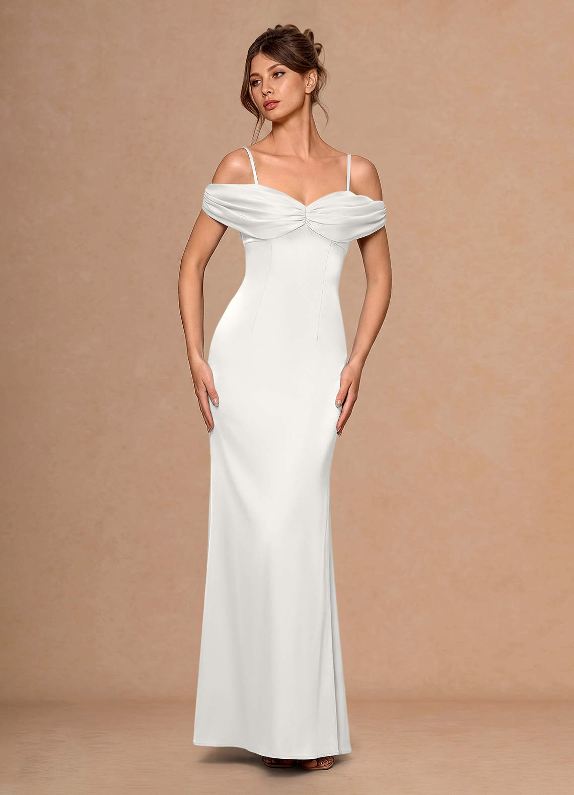 Estelle A-Line Cold-Shoulder Satin Chiffon Evening Dress in White
