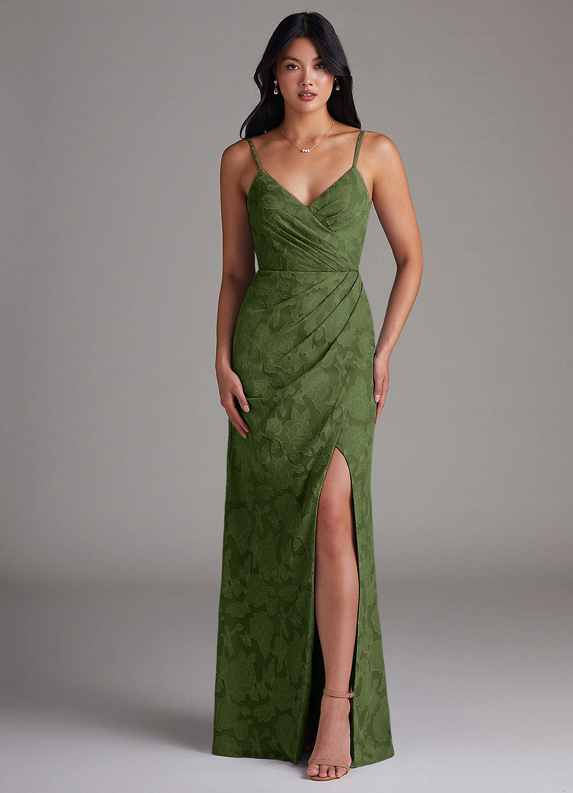 Maci Sheath V-Neck Floral Burnout Bridesmaid Dress in Olive