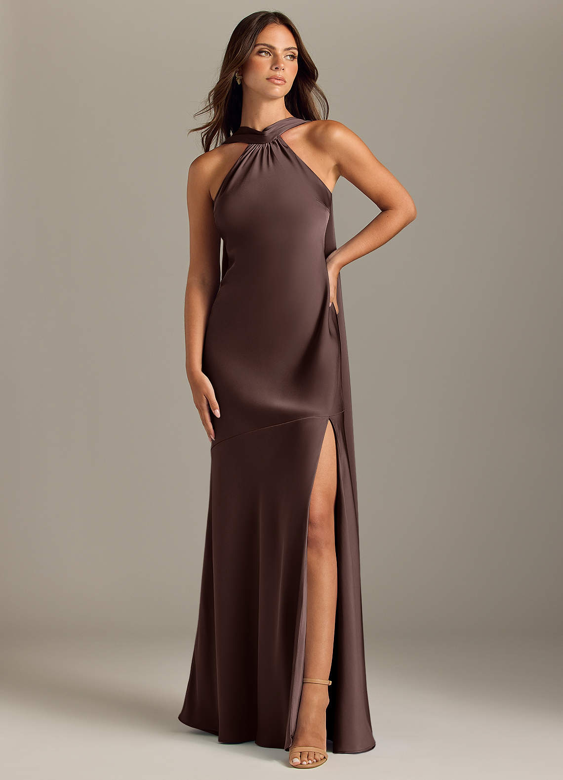 Kinsley Mermaid Halter Stretch Satin Bridesmaid Dress in Coral