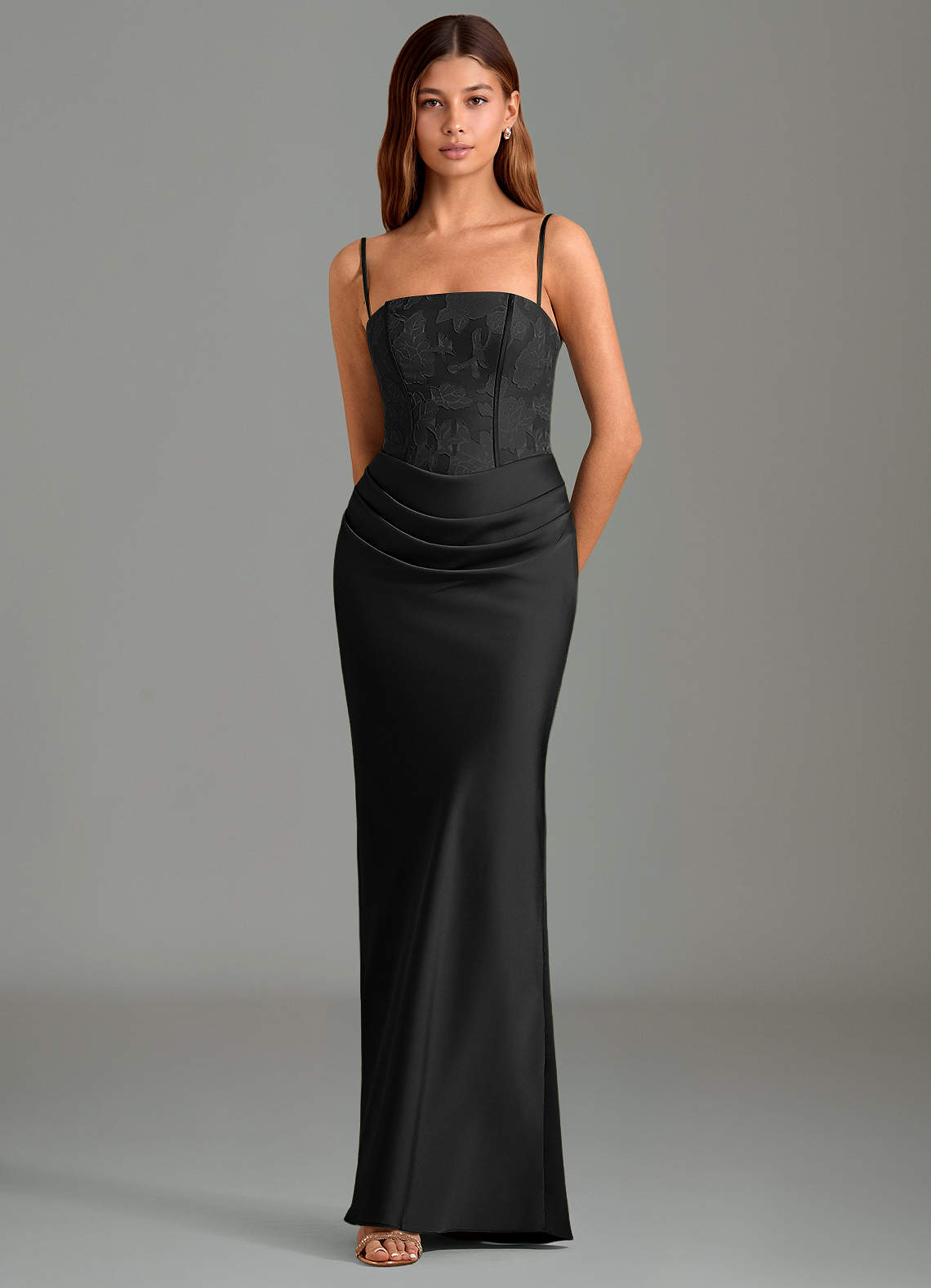 Emilia Mermaid Strapless Stretch Satin and Floral Burnout Bridesmaid Dress in black