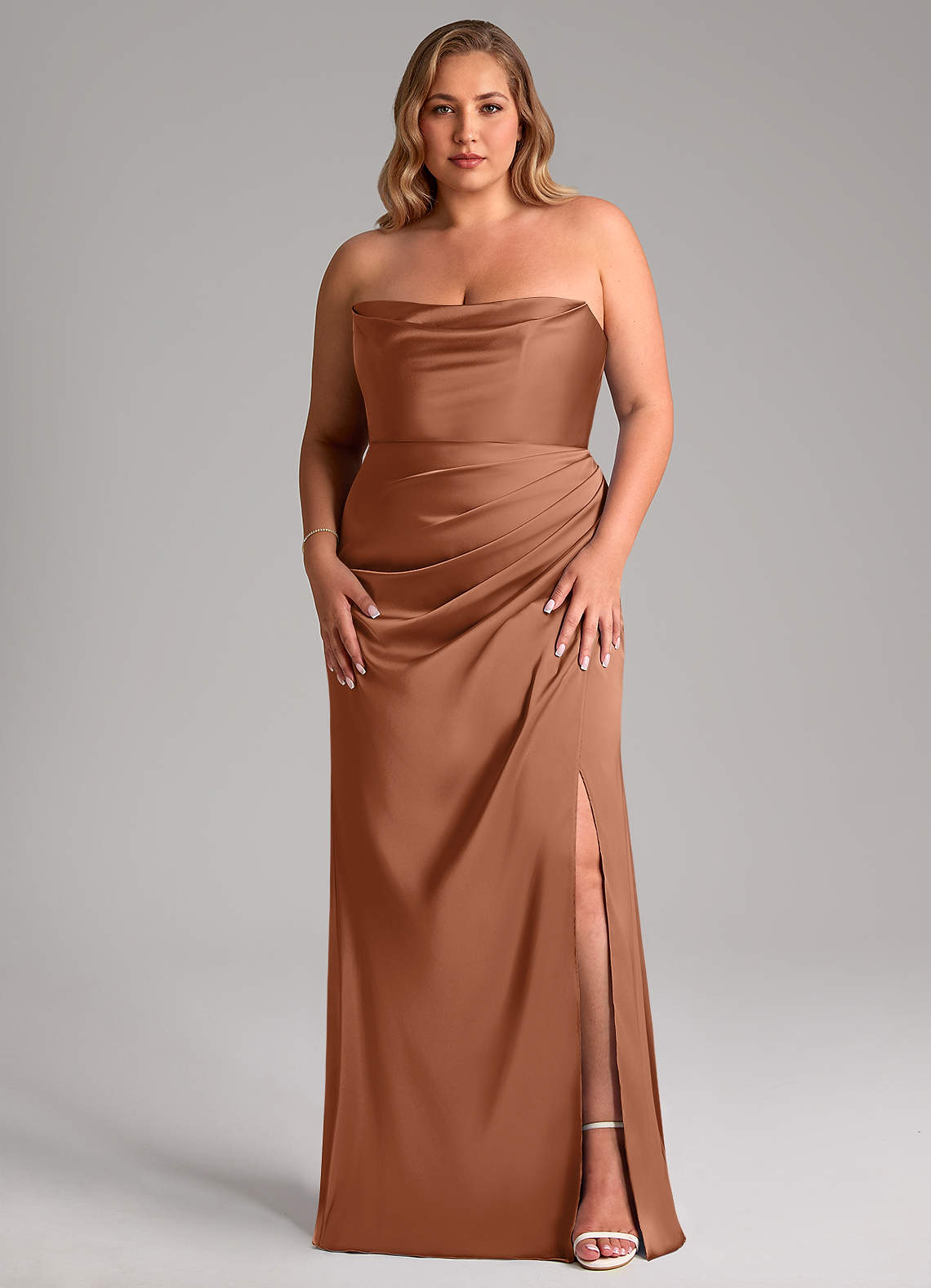 Leonis Mermaid Cowl-Neck Stretch Satin Bridesmaid Dress in Bronzer