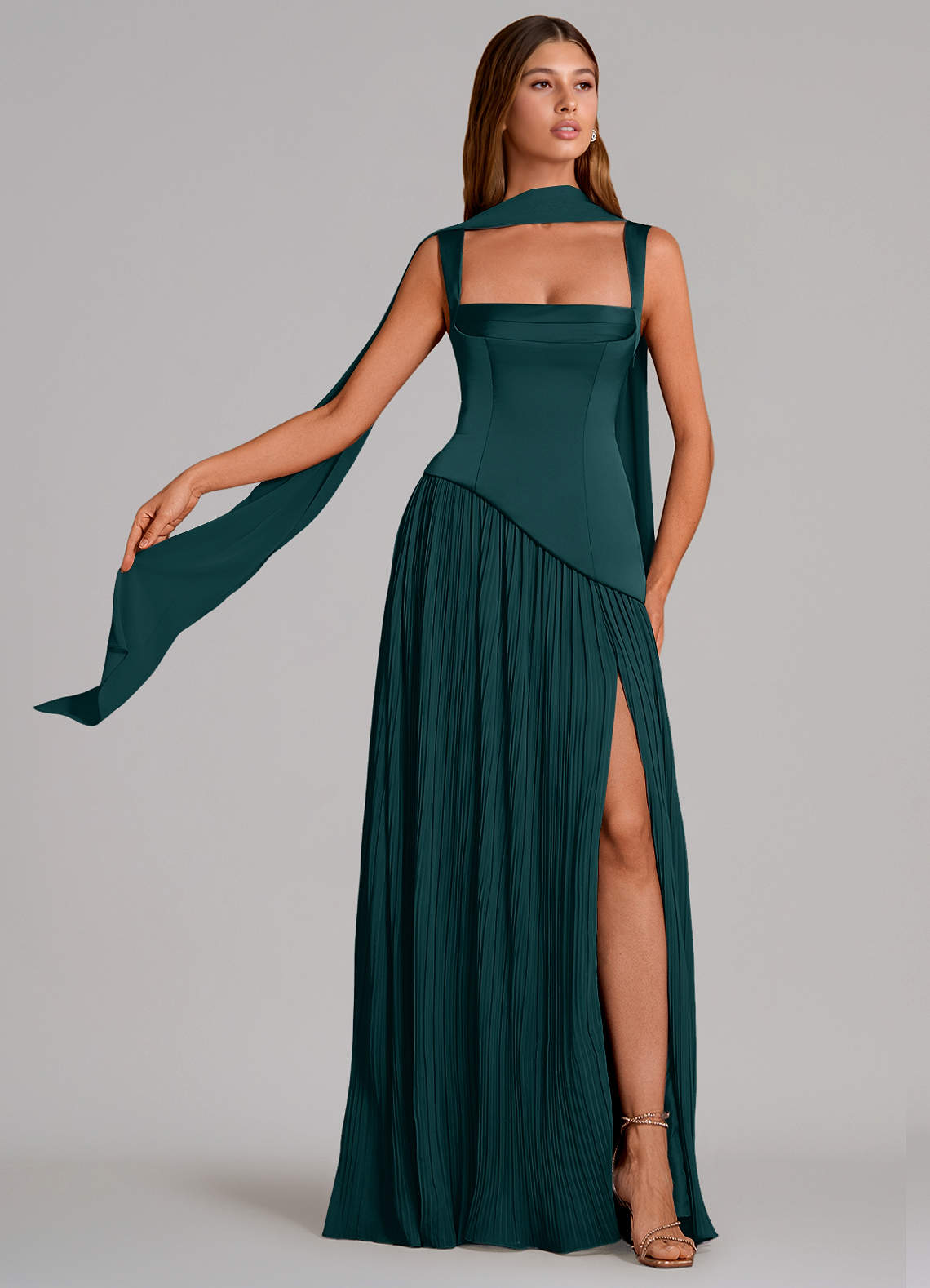 Stephanie A-Line Square-Neck Stretch Satin and Chiffon Bridesmaid Dress in Pine
