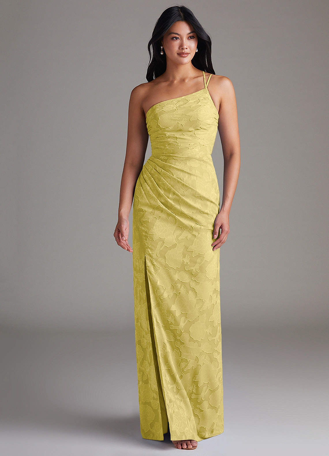 Eren Sheath One-Shoulder Floral Burnout Bridesmaid Dress in Canary