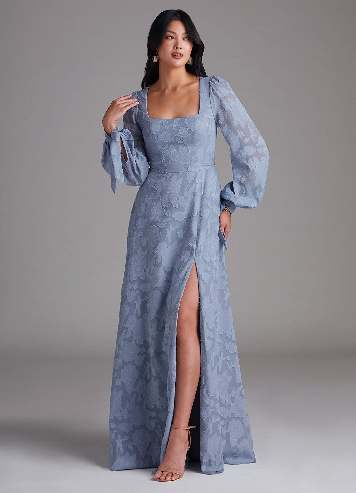 Leonia A-Line Square-Neck Stretch Satin Bridesmaid Dress in dusty blue