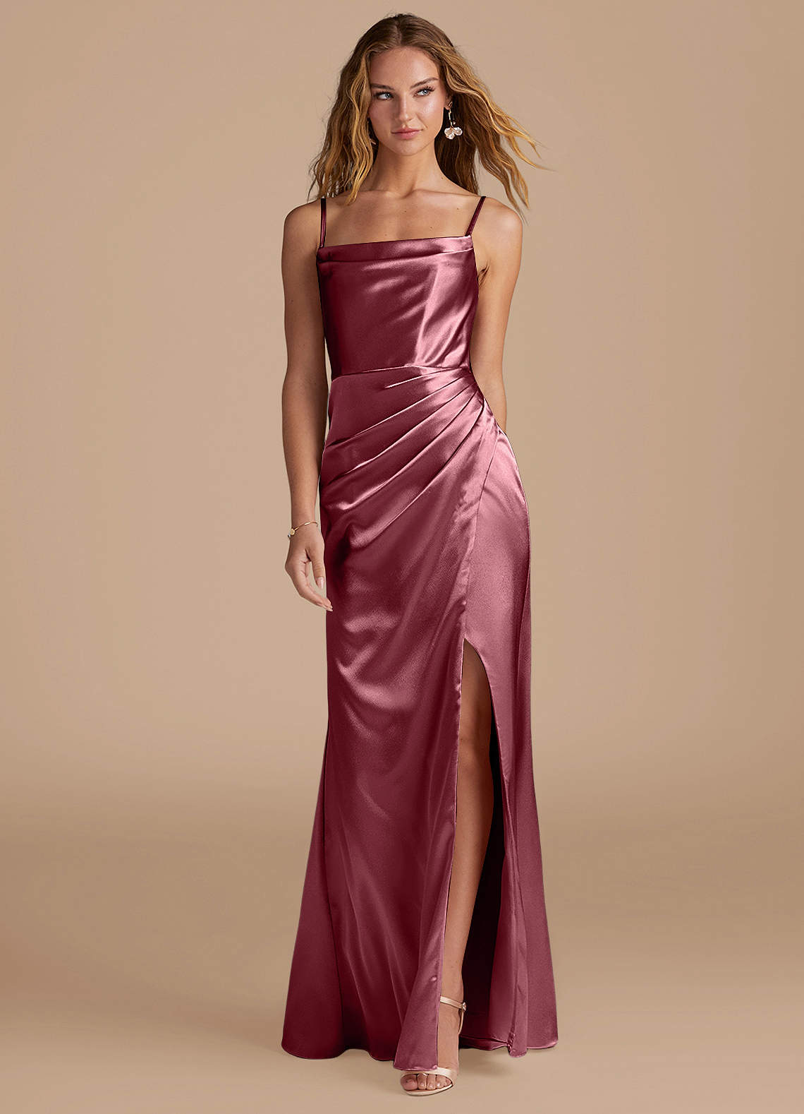 Marzia Mermaid Square-Neck Metallic Satin Bridesmaid Dress in Desert Rose