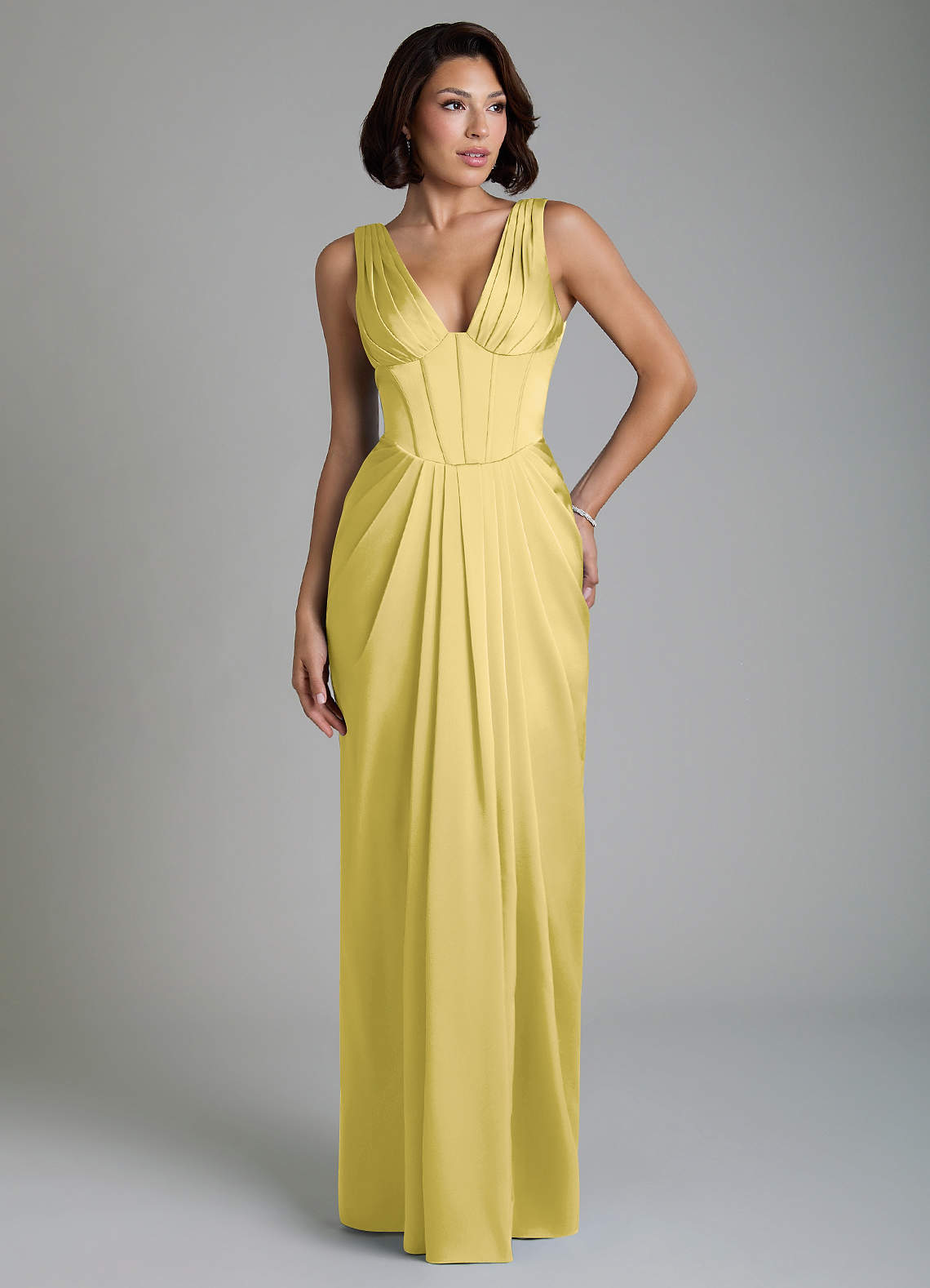 Vanya Sheath V-Neck Stretch Satin Bridesmaid Dress in Canary