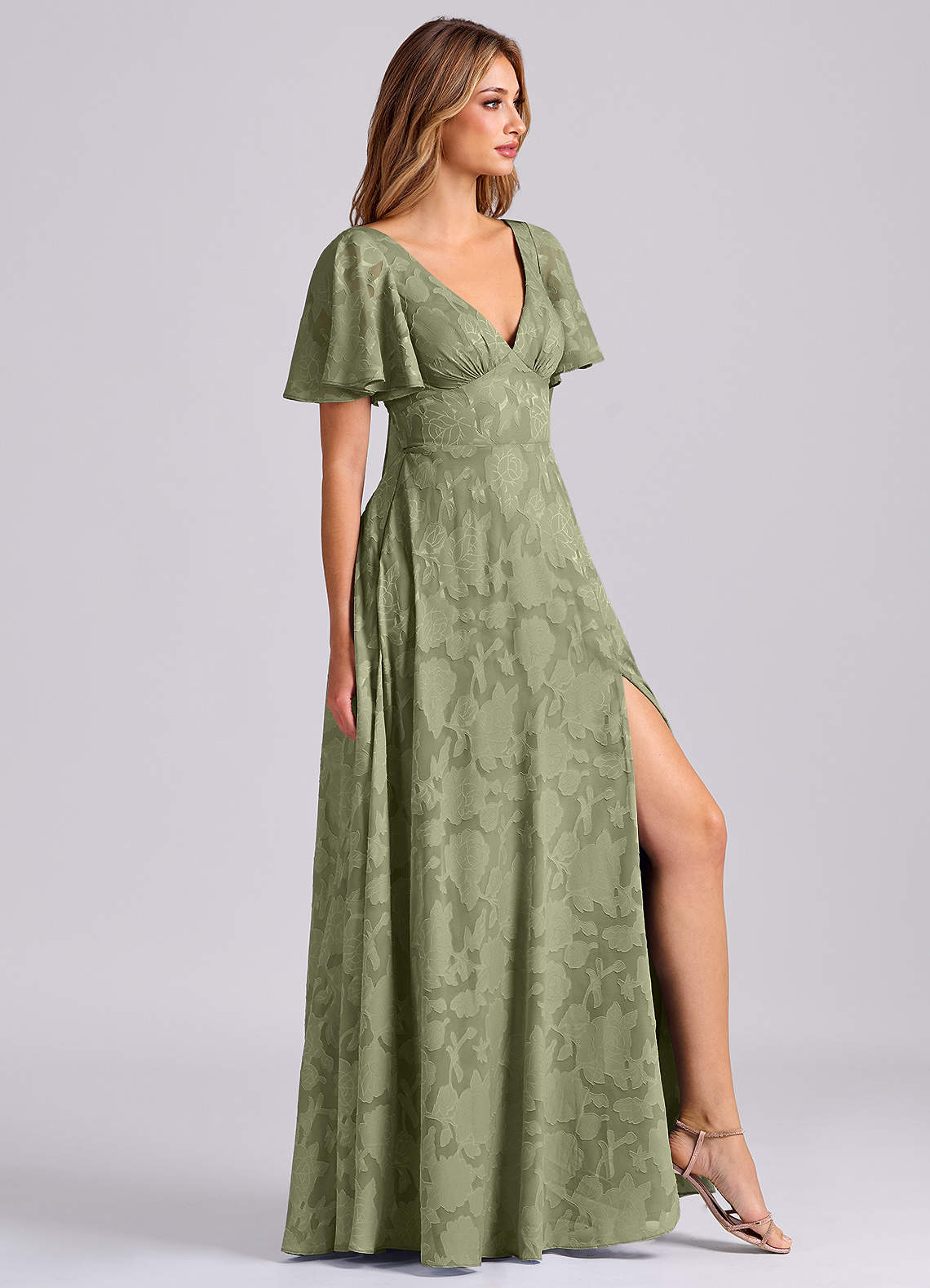 Kimber A-Line V-Neck Floral Burnout Bridesmaid Dress in Pistachio