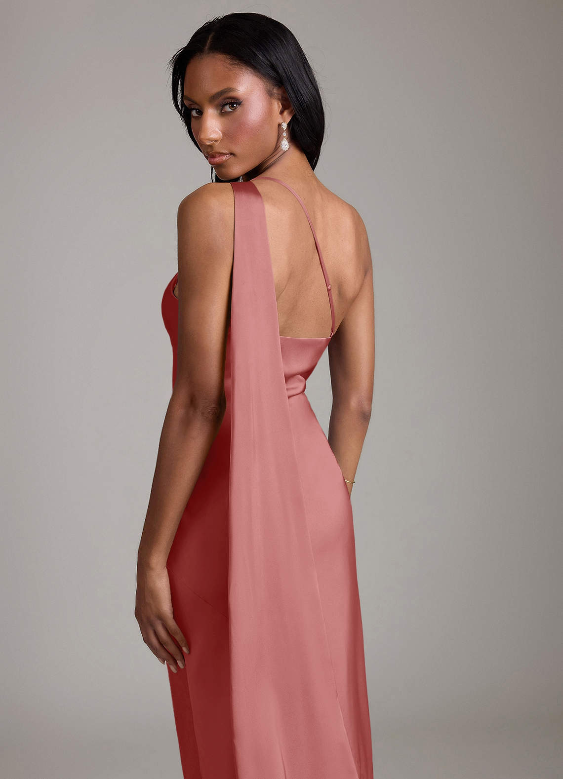 Juniper Mermaid One-Shoulder Stretch Satin Bridesmaid Dress in Antique Rose
