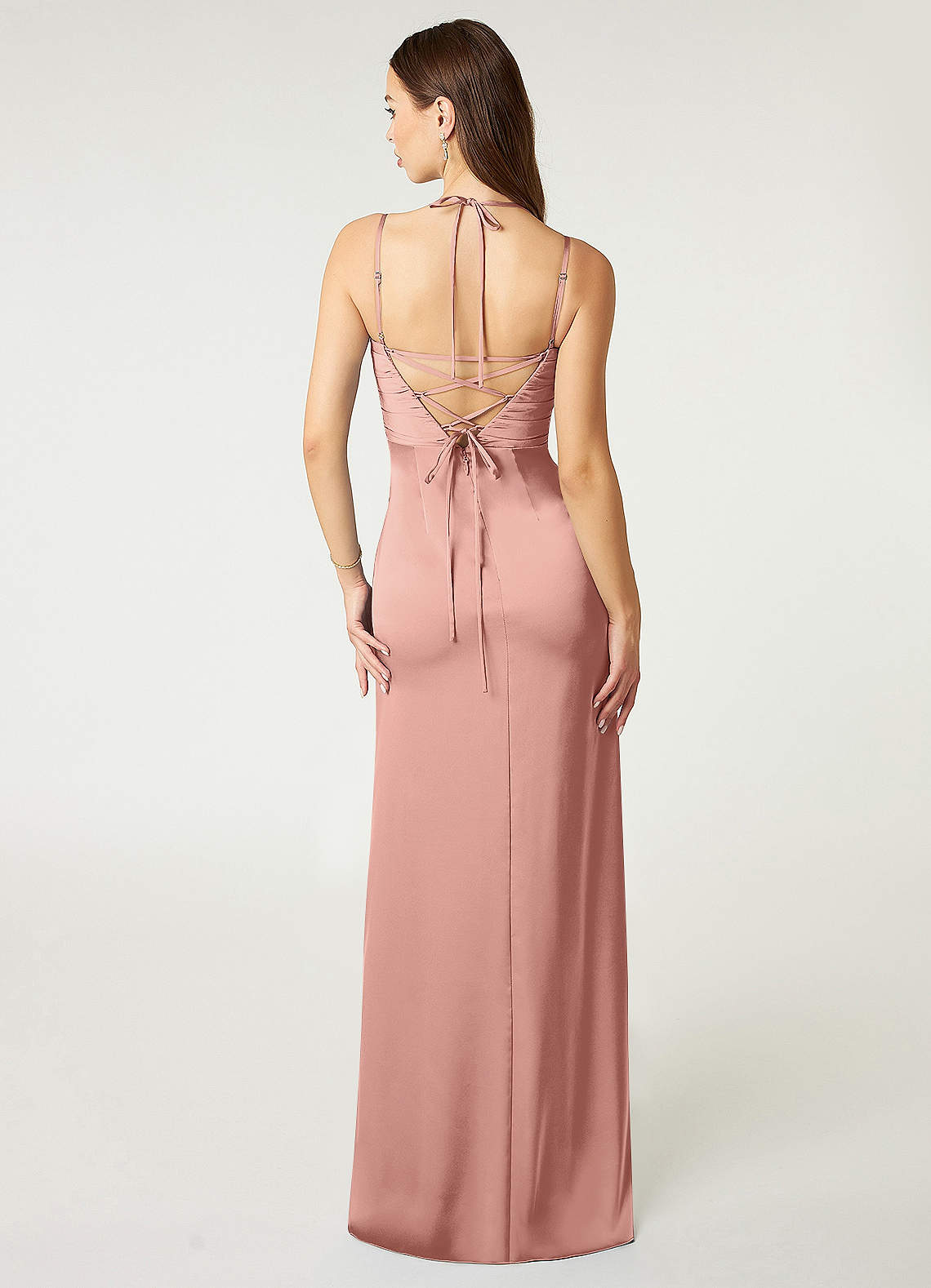 Desi Sheath Halter Stretch Satin Bridesmaid Dress in Rosette