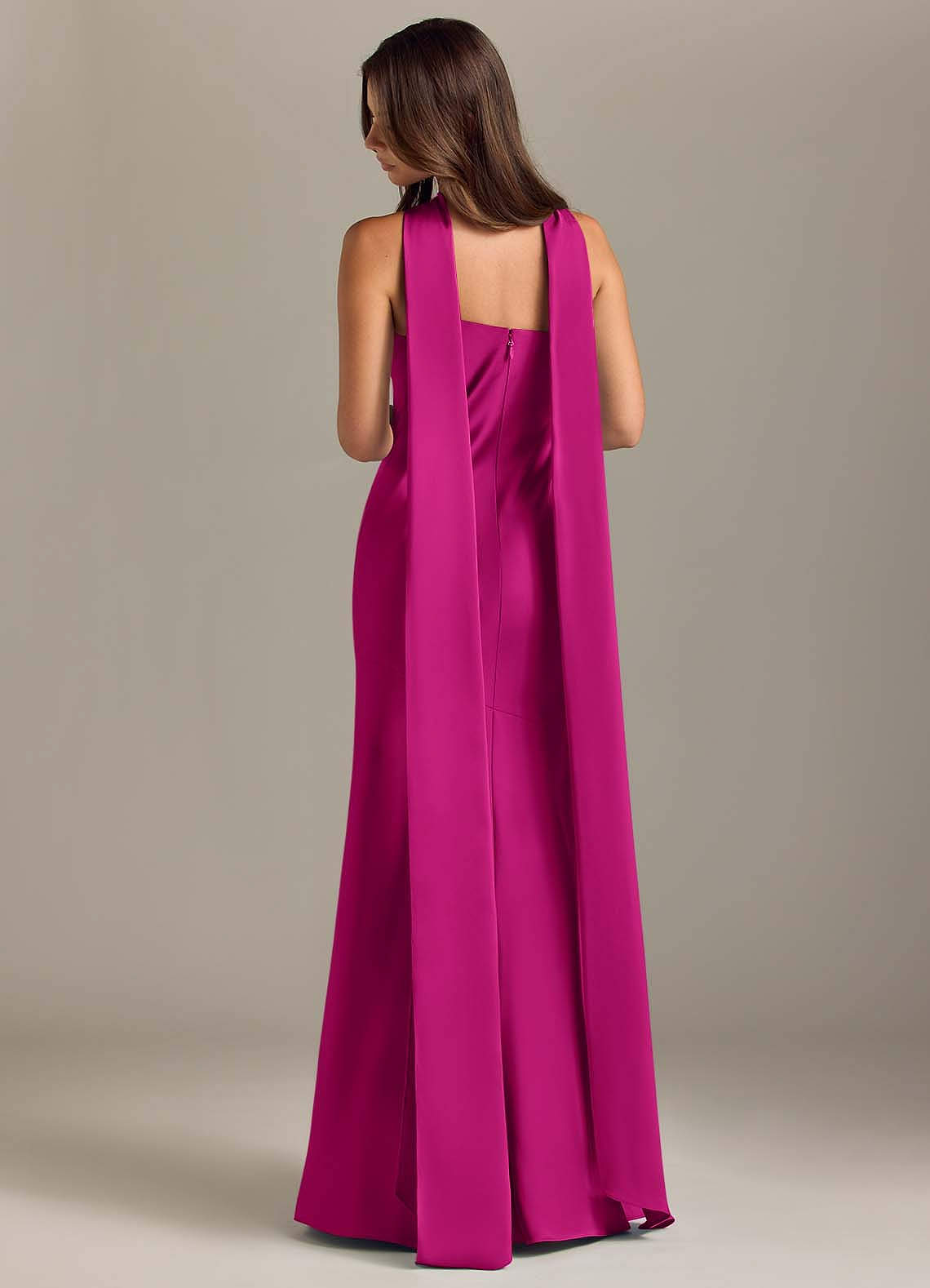 Kinsley Mermaid Halter Stretch Satin Bridesmaid Dress in Fuchsia