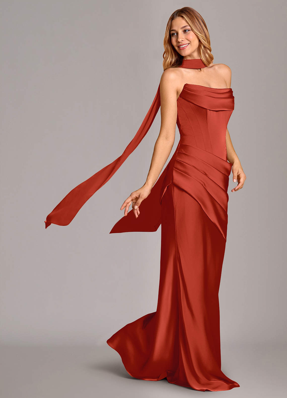 Pelagia Mermaid Cowl-Neck Stretch Satin Bridesmaid Dress in Rust