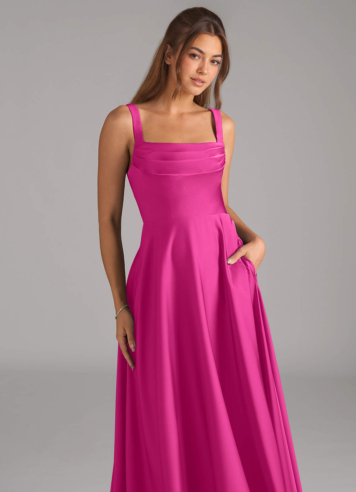 Shaude A-Line Square-Neck Stretch Satin Bridesmaid Dress in Fuchsia