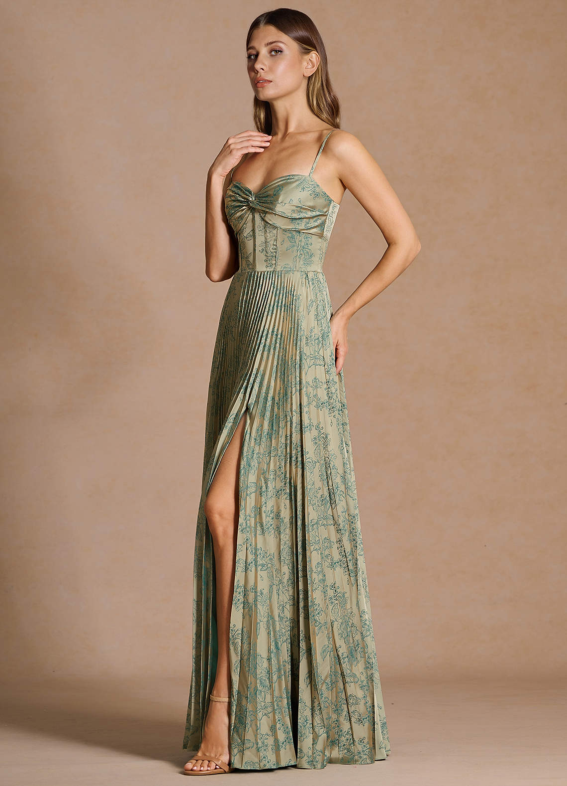 Vesper Pleated Knot-Neck Jacquard Wedding Guest Dress in Platinum Teal