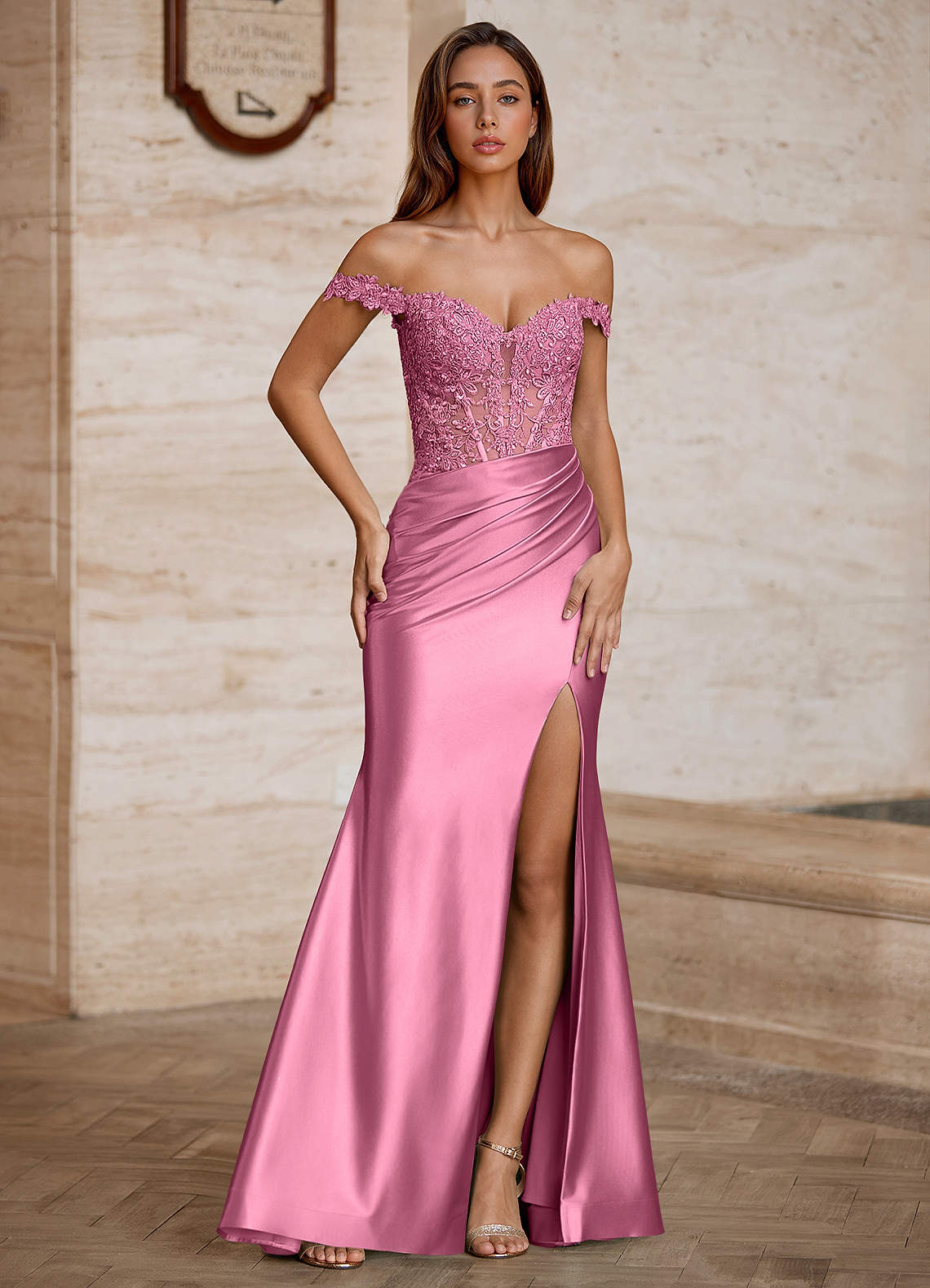Wrentino Mermaid Off-the-Shoulder Stretch Satin Evening Dress in Wine