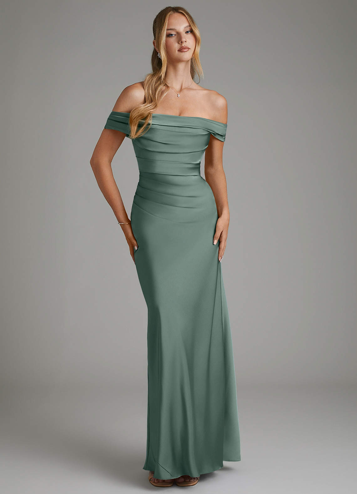 Hayden Mermaid Off-the-Shoulder Stretch Satin Bridesmaid Dress in Sea Moss