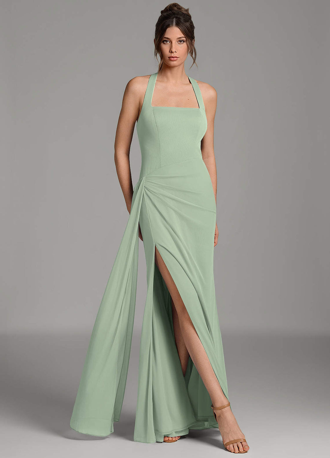 Ezra Mermaid Square-Neck Mesh Bridesmaid Dress in Dusty Sage