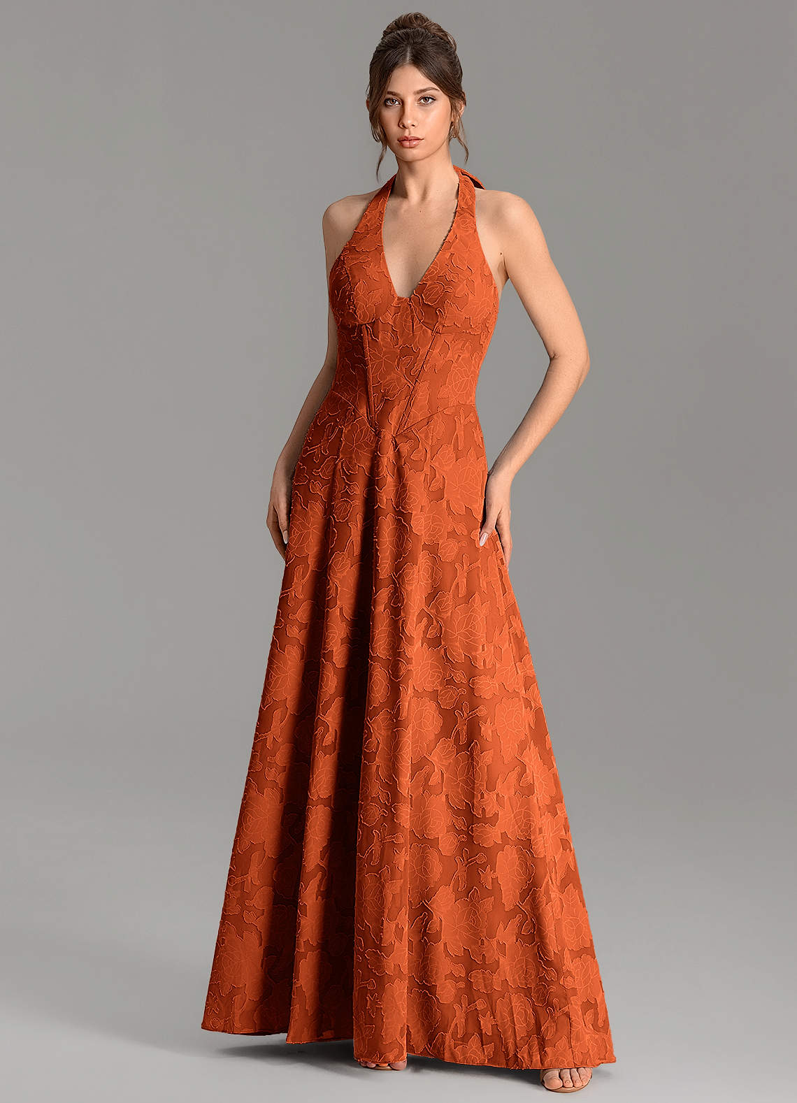 Nia A-Line V-Neck Floral Burnout Bridesmaid Dress in Paprika