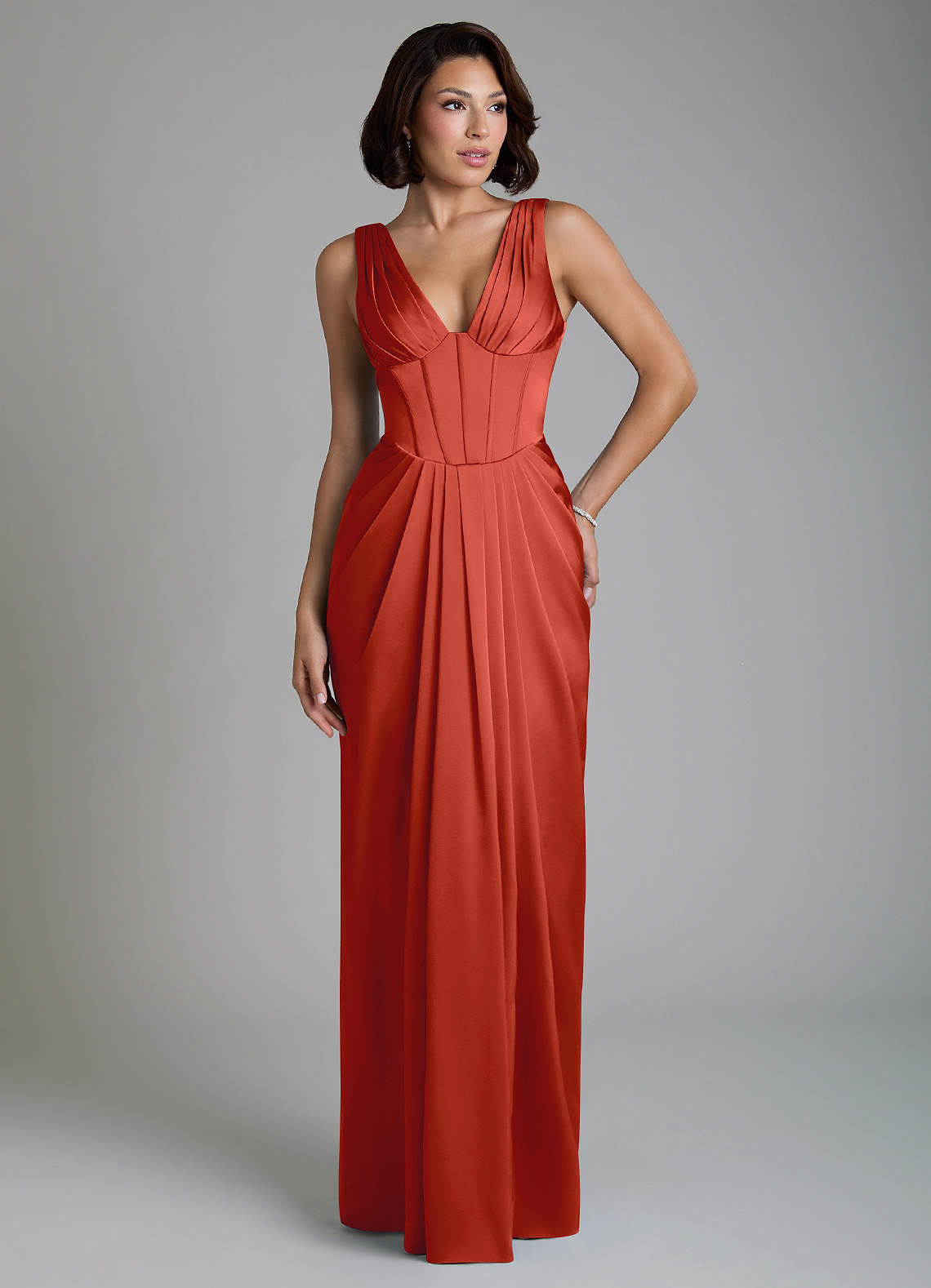 Vanya Sheath V-Neck Stretch Satin Bridesmaid Dress in Rust