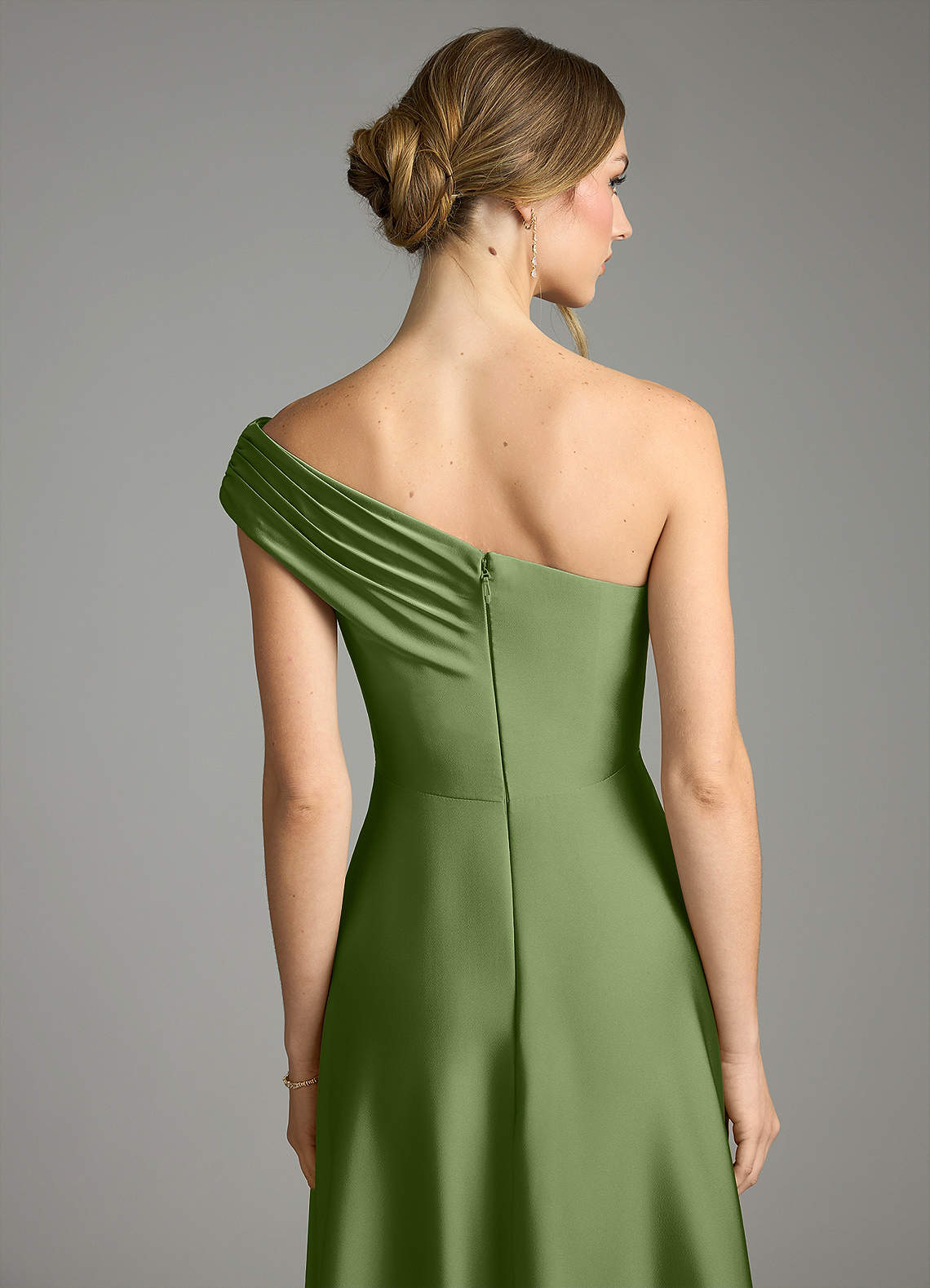 Melanie A-Line One-Shoulder Stretch Satin Bridesmaid Dress in Juniper