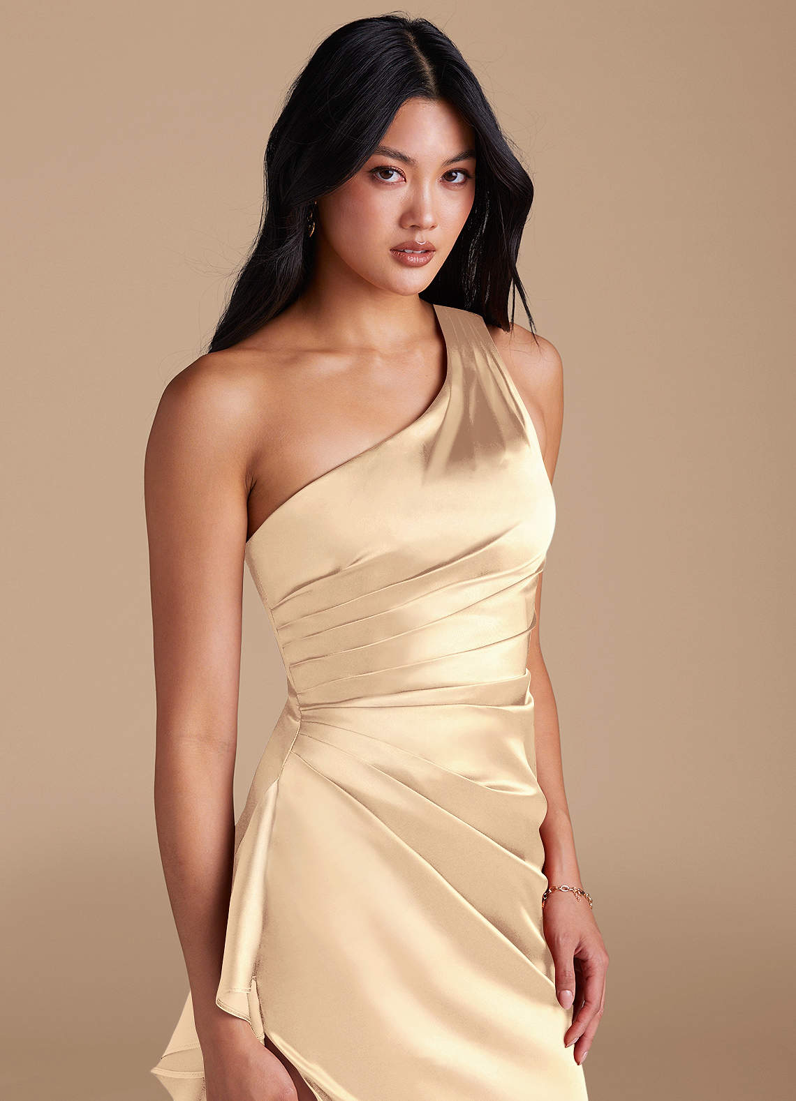 Latrice Sheath One-Shoulder Metallic Satin Bridesmaid Dress in Gold