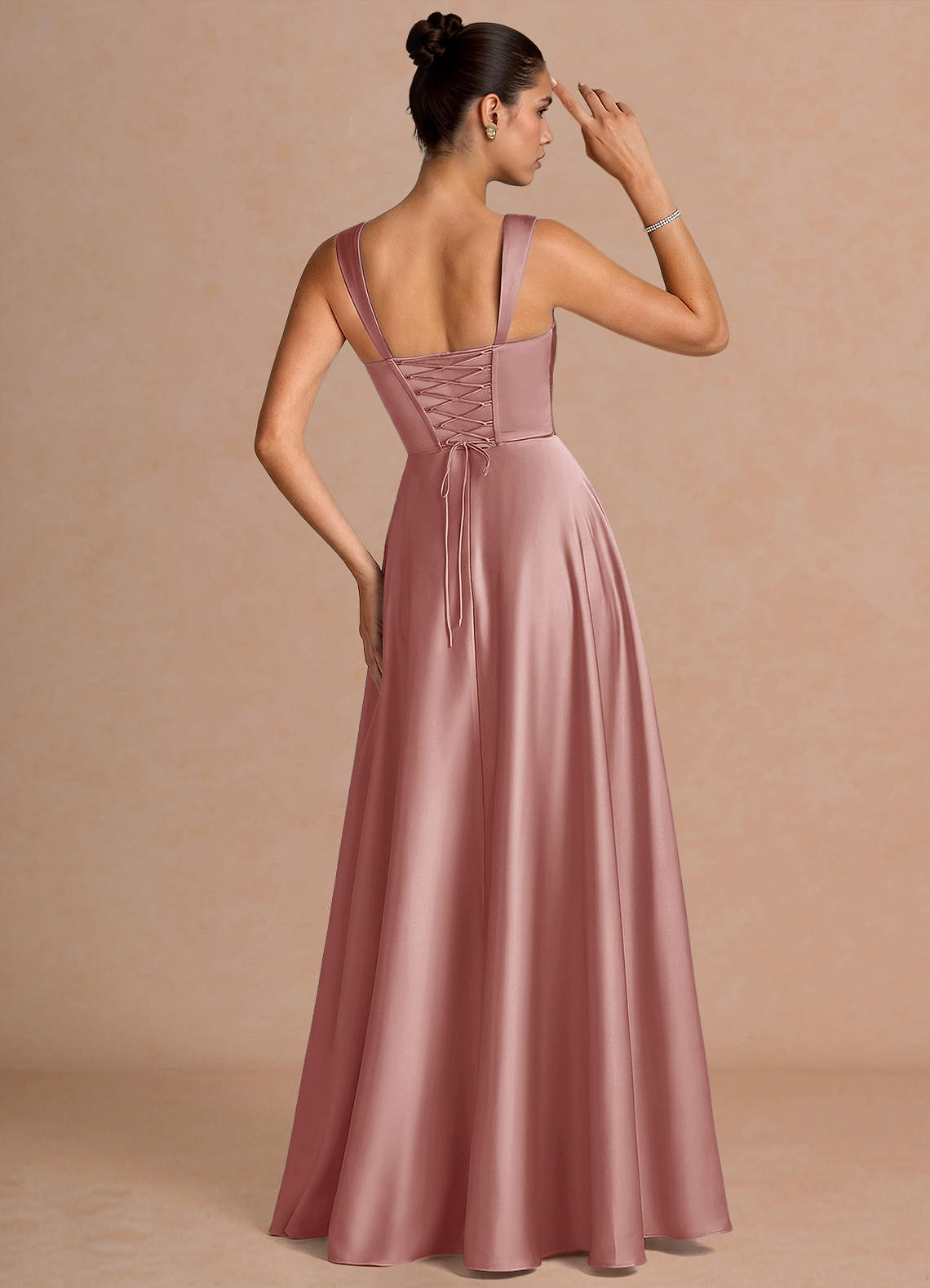 Azaria A-Line Square-Neck Stretch Satin Wedding Guest Dress in Dusty Pink