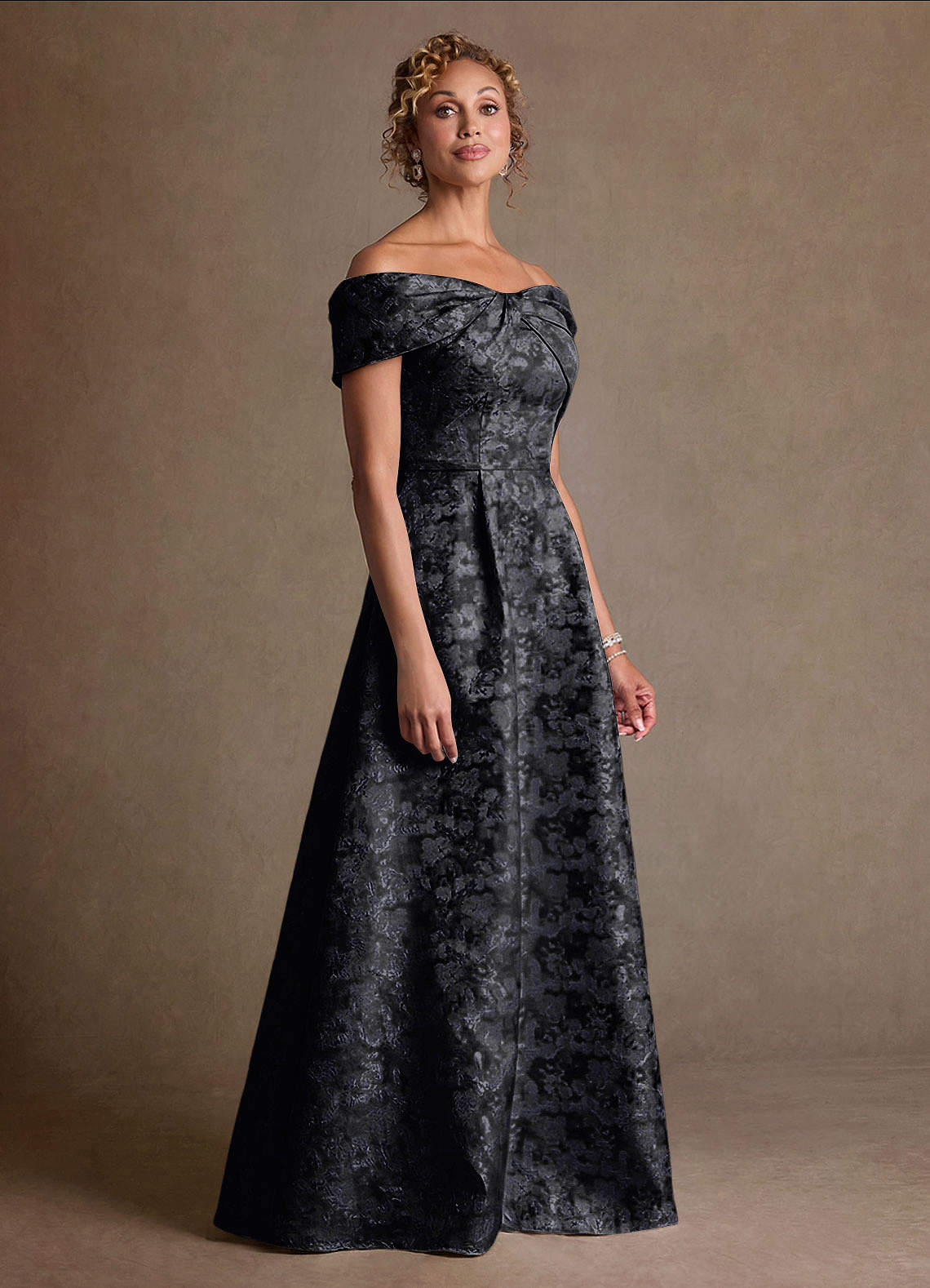 Harriett A-Line Off-the-Shoulder Jacquard Mother of the Bride Dress in black