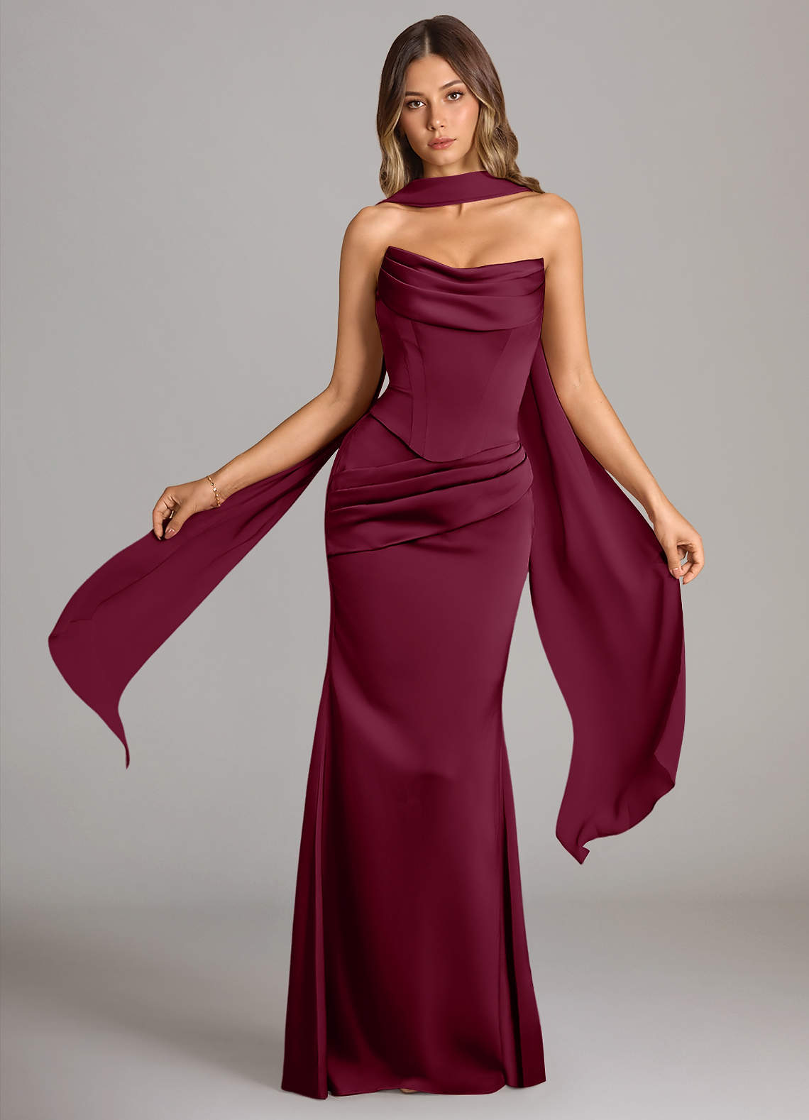Sorrel Mermaid Cowl-Neck Stretch Satin and Chiffon Bridesmaid Dress in Mulberry