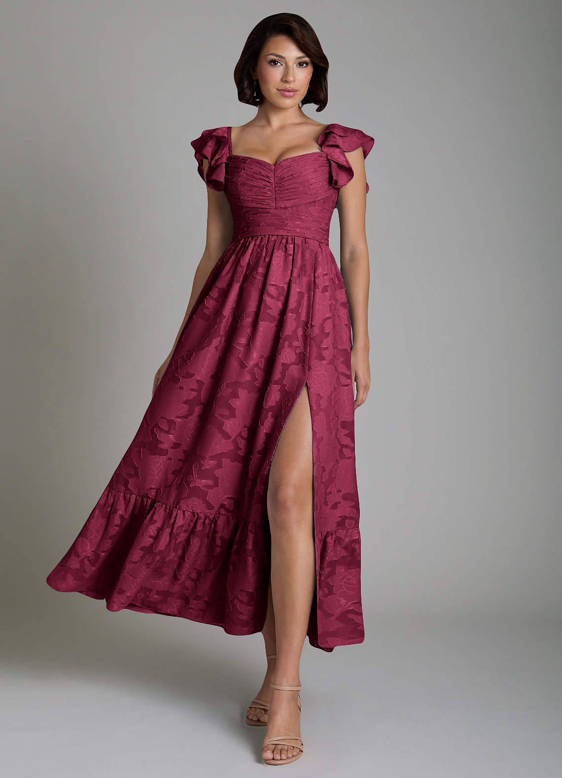 Anaya A-Line V-Neck Floral Burnout Bridesmaid Dress in Burgundy