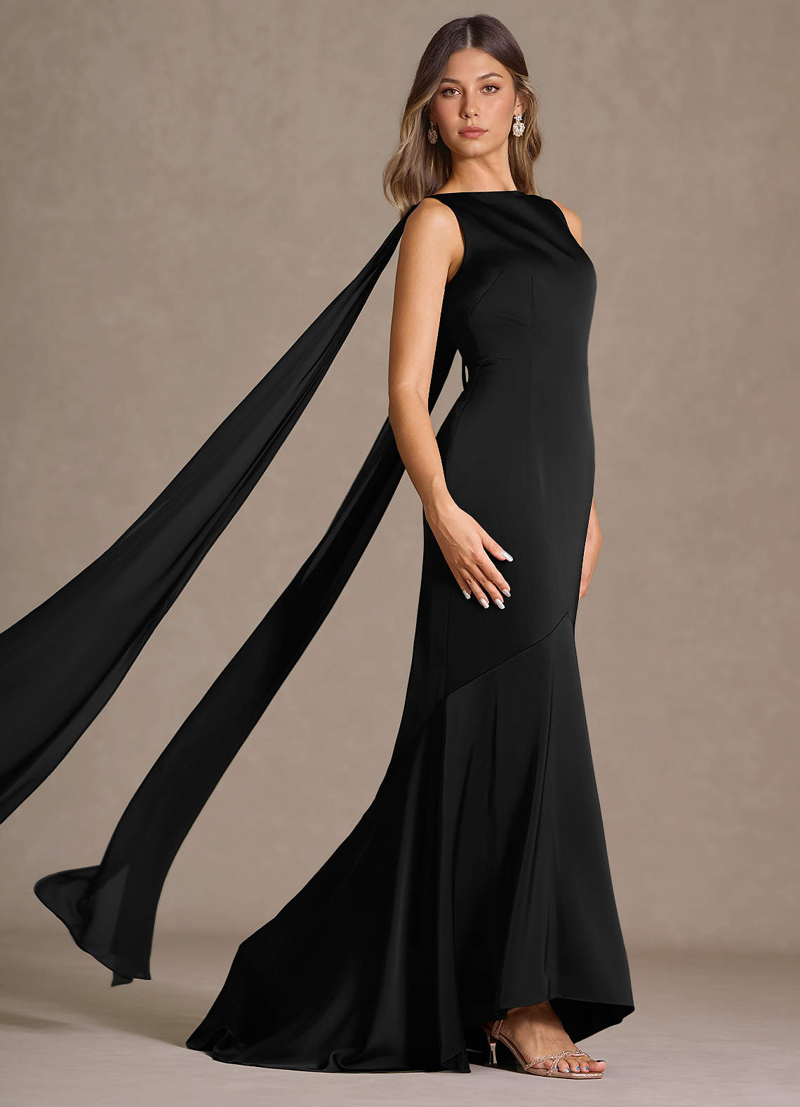 Wynne Mermaid Shoulder-Scarf Stretch Satin Evening Dress in black