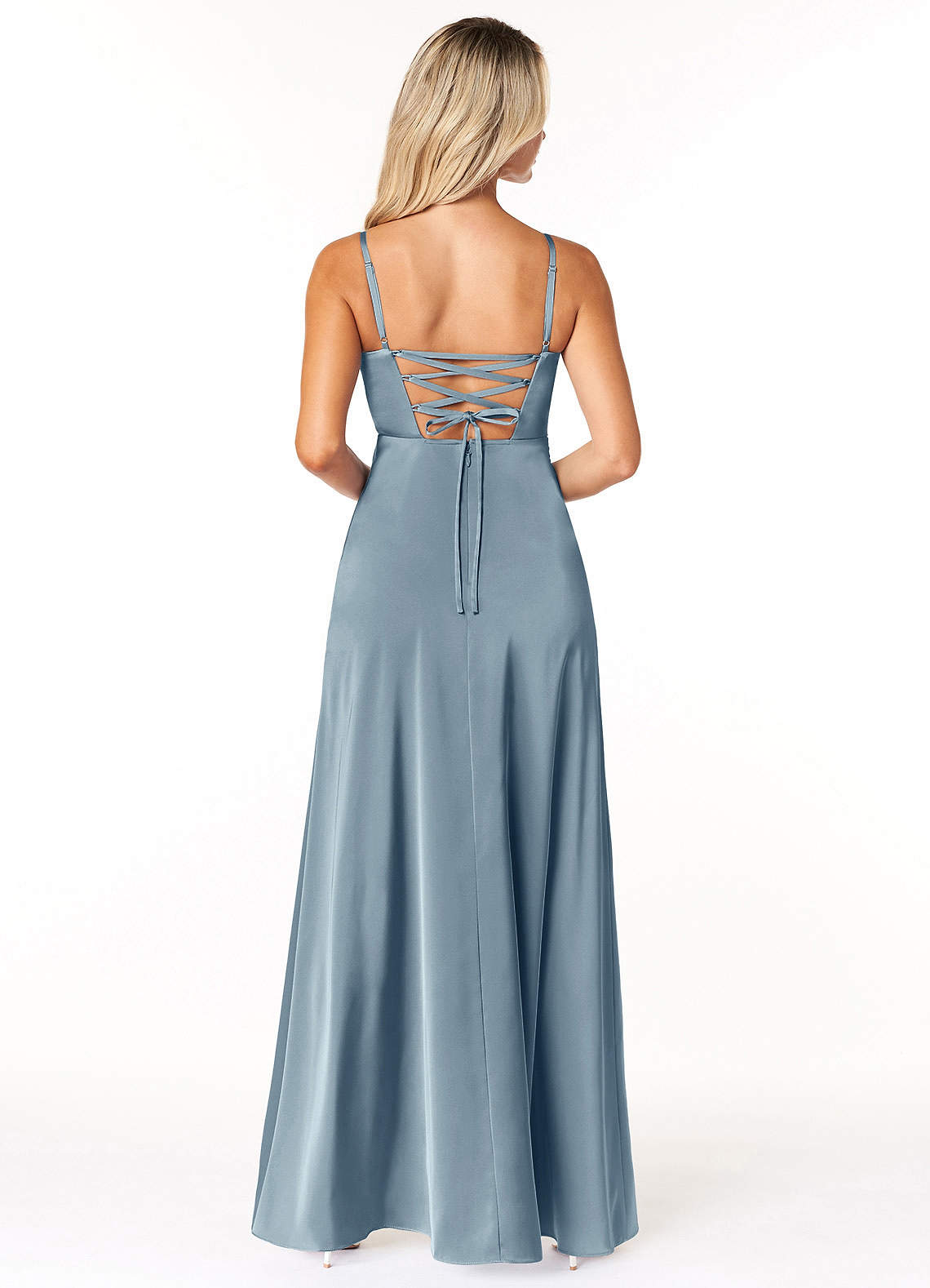 Marchella A-Line V-Neck Stretch Satin Bridesmaid Dress in dusty blue
