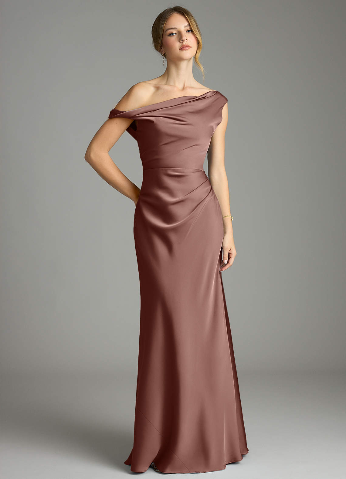 Emerson Mermaid One-Shoulder Stretch Satin Bridesmaid Dress in Espresso