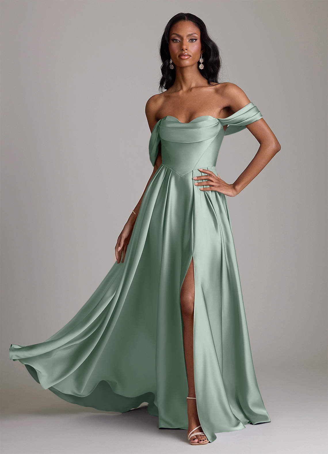 Loisa A-Line Off-the-Shoulder Stretch Satin Bridesmaid Dress in Agave